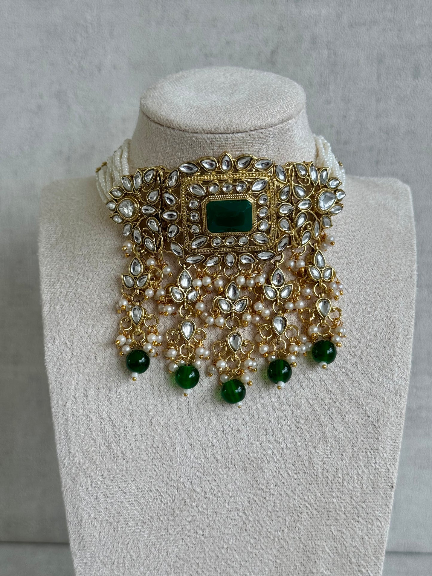Ayura Designs Maya Set with Jhumkis & Tikka – Emerald Green Stones & Kundan Detailing