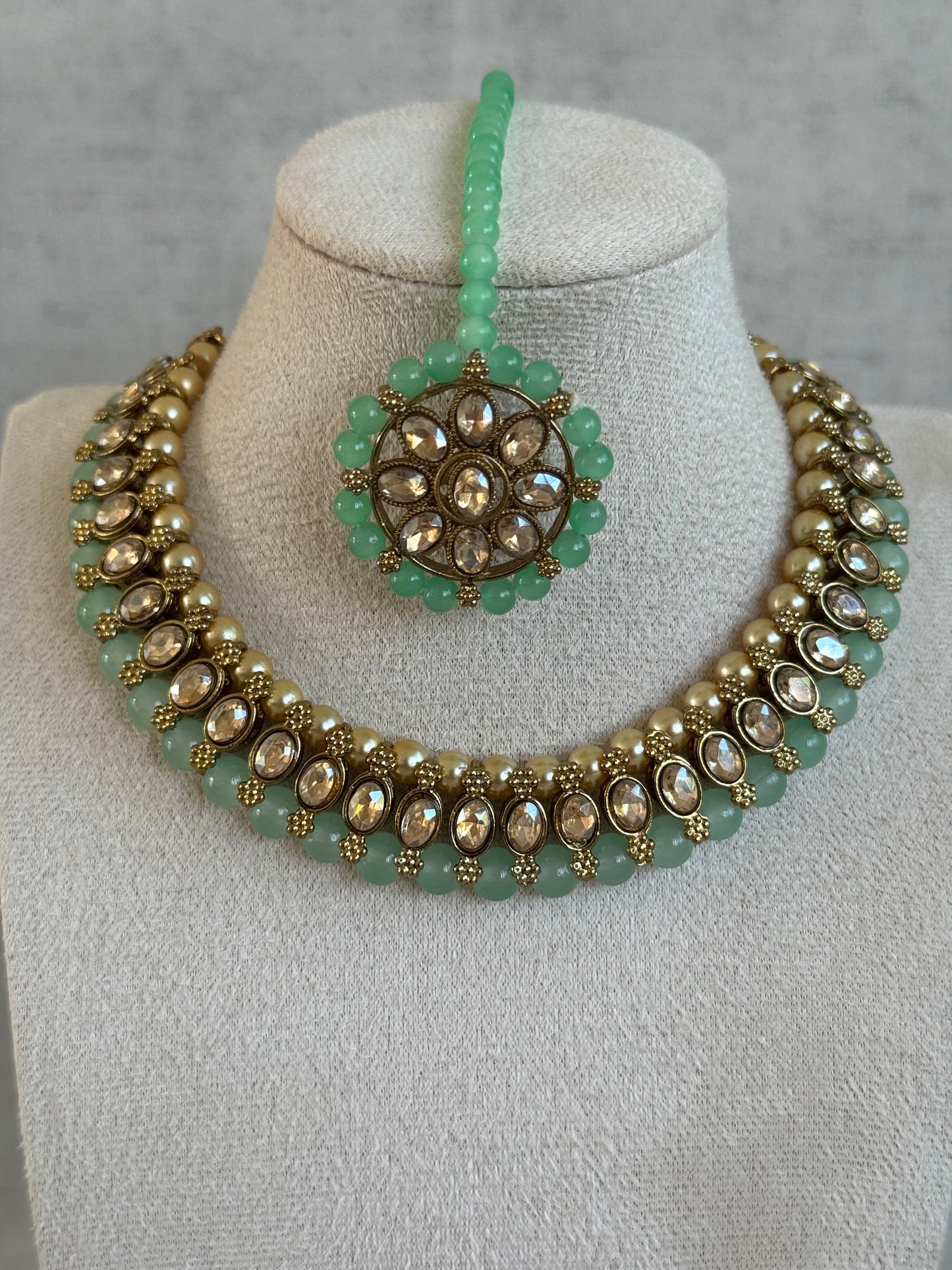 Ayura Designs Huma Set with Jhumkis & Tikka – Mirror-Cut Stones, Teal Blue Beads & Pearl Detailing