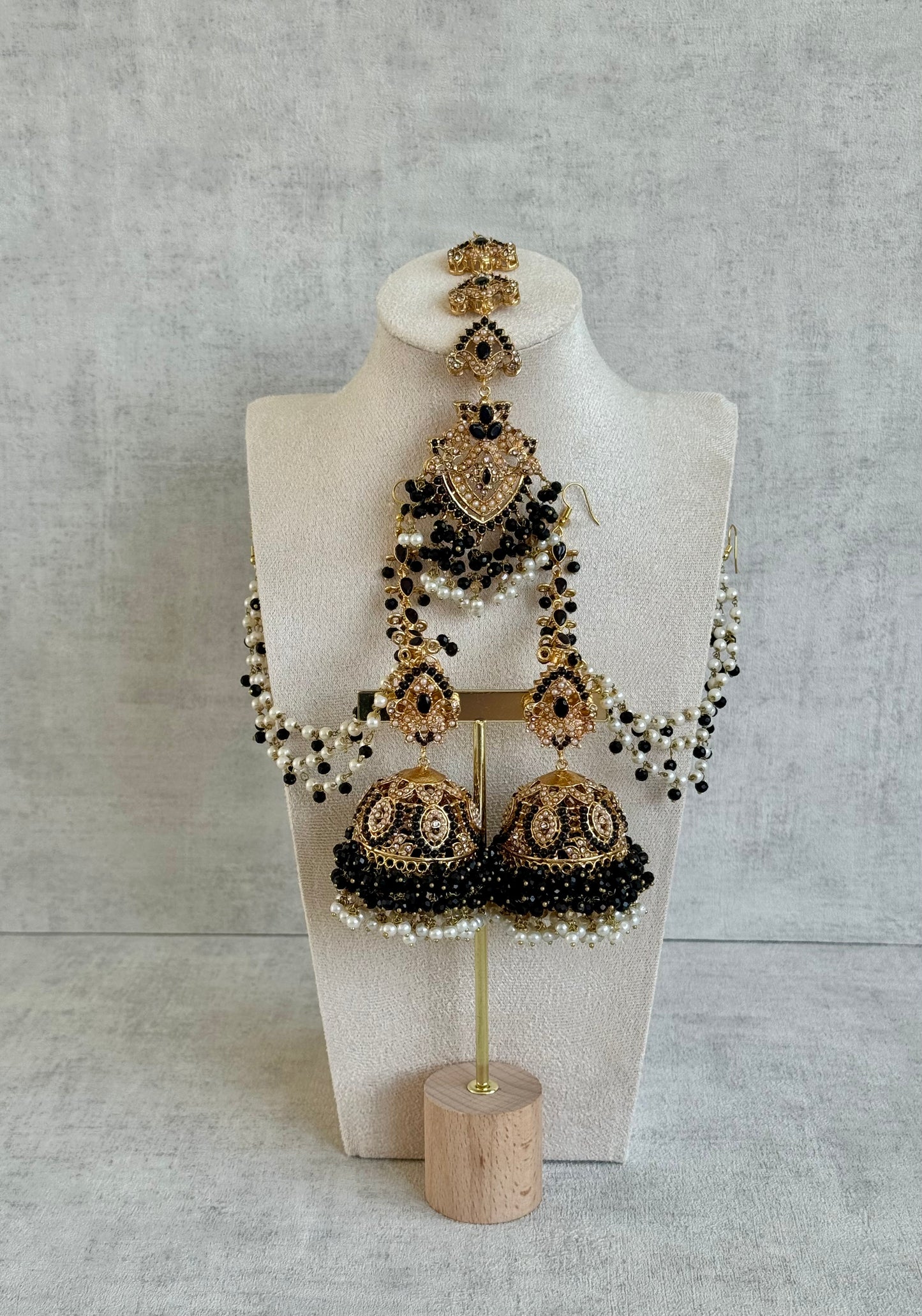 Ayura Designs Safia Tikka Set with Sahare Earrings – Black Beads & Champagne Crystals