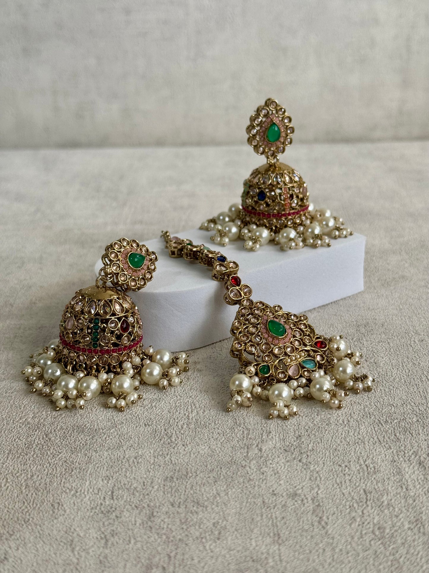 Ayura Designs Rangrez Choker Set with Tikka & Jhumkis – Kundan & Pearl in Multicolor Antique Gold