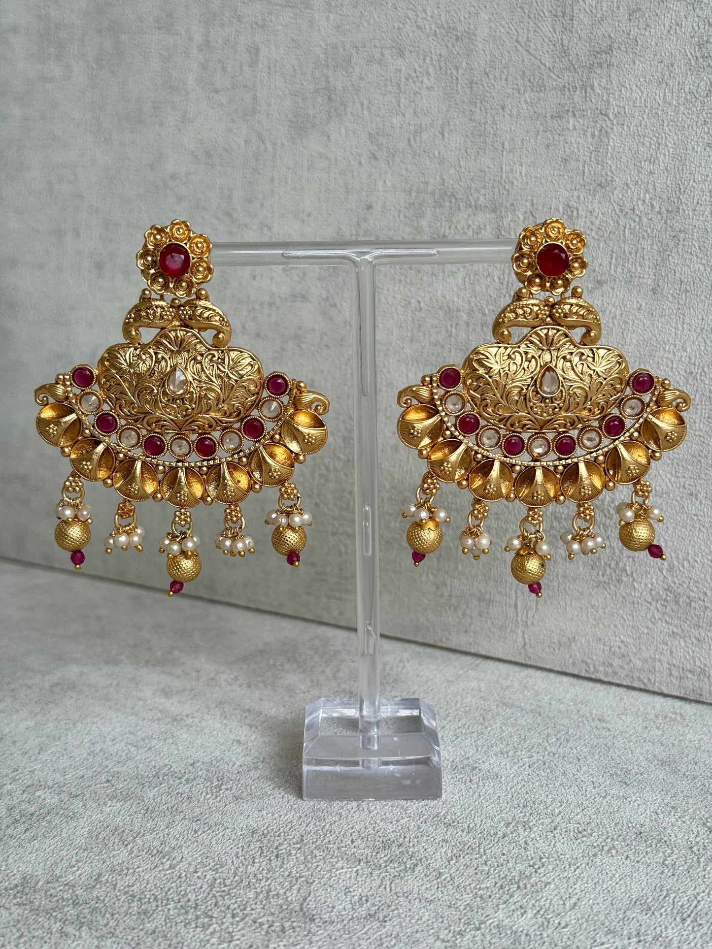 Ayura Designs Neera Earrings in Antique Gold with Red Glass Stones, Mirror-Cut Polki & Pearls