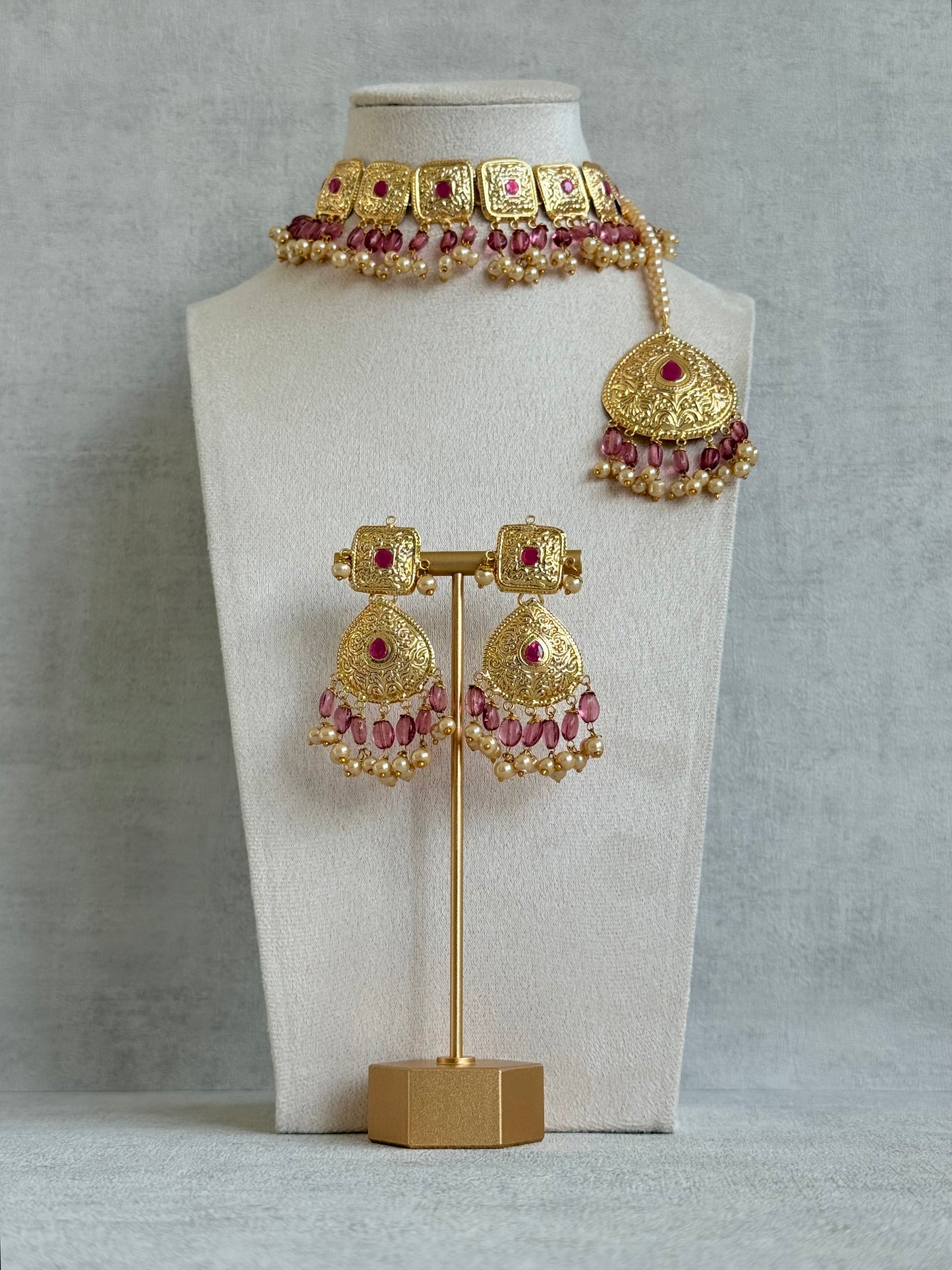 Ayura Designs Chetna Choker Set with Earrings & Tikka – Rani Pink Beads, Cream Pearl Drops with Pipal Patti Detailing