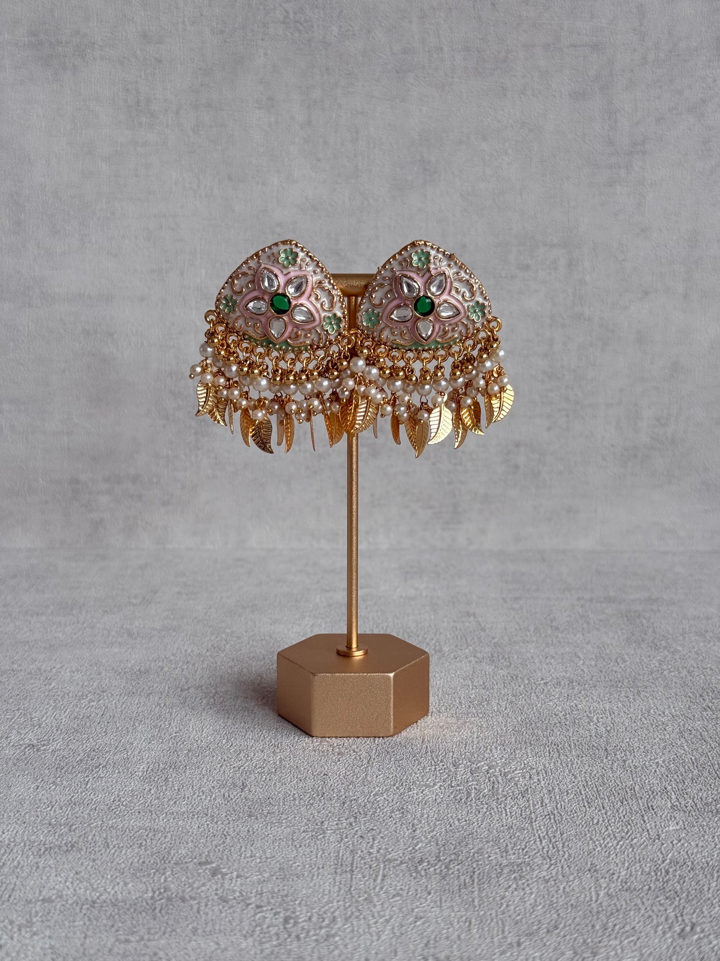 Ayura Designs Rozina Earrings – Floral Meenakari Earrings with Emerald Green Centre Stone, Pearl Clusters & Gold Leaf Charms