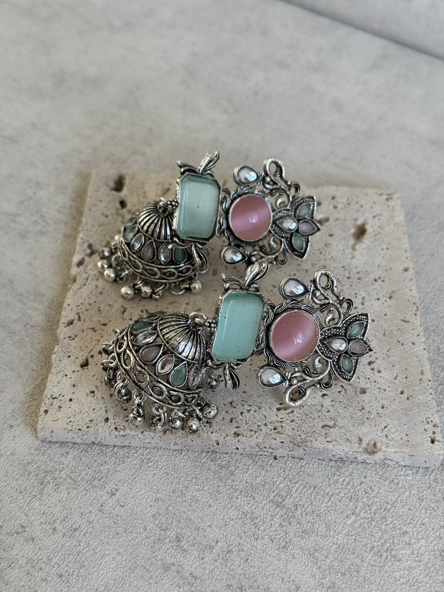 Ayura Designs Noorani Earrings – Oxidised Silver with Pastel Pink & Mint Green Stones, Kundan Detailing & Enamelled Jhumkis
