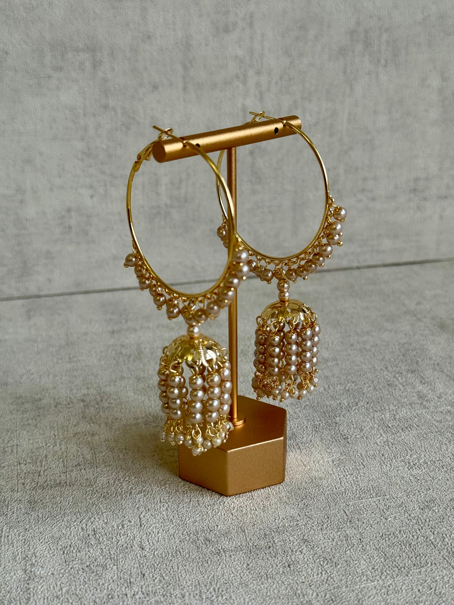 Ayura Designs Nimya Balis – Pearl Hoop Earrings with Dome Jhumki Drops