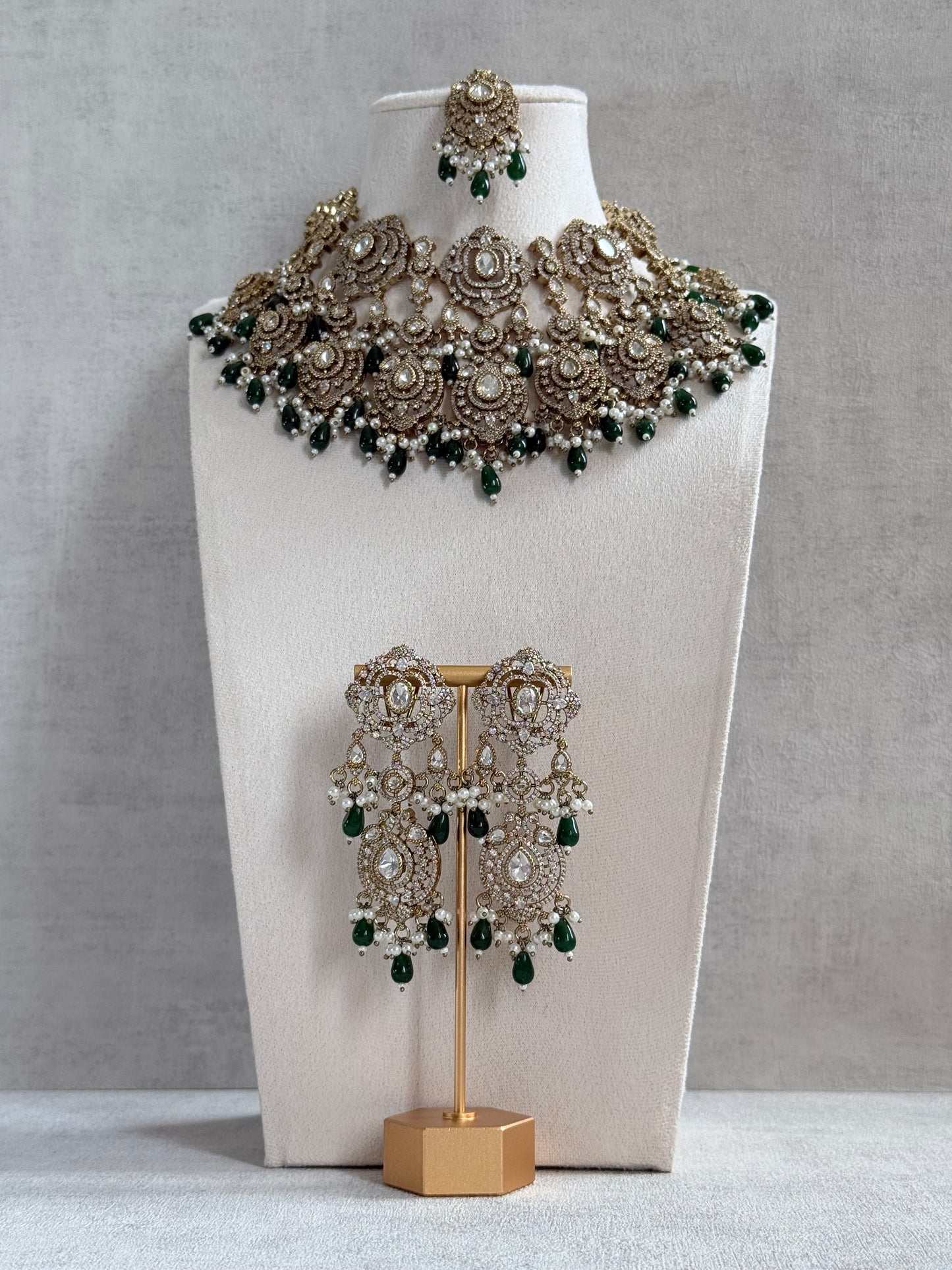 Ayura Designs Fazal Set with Necklace, Earrings & Tikka – Emerald Green Drops, Pearl Detailing & Moissanite Stonework