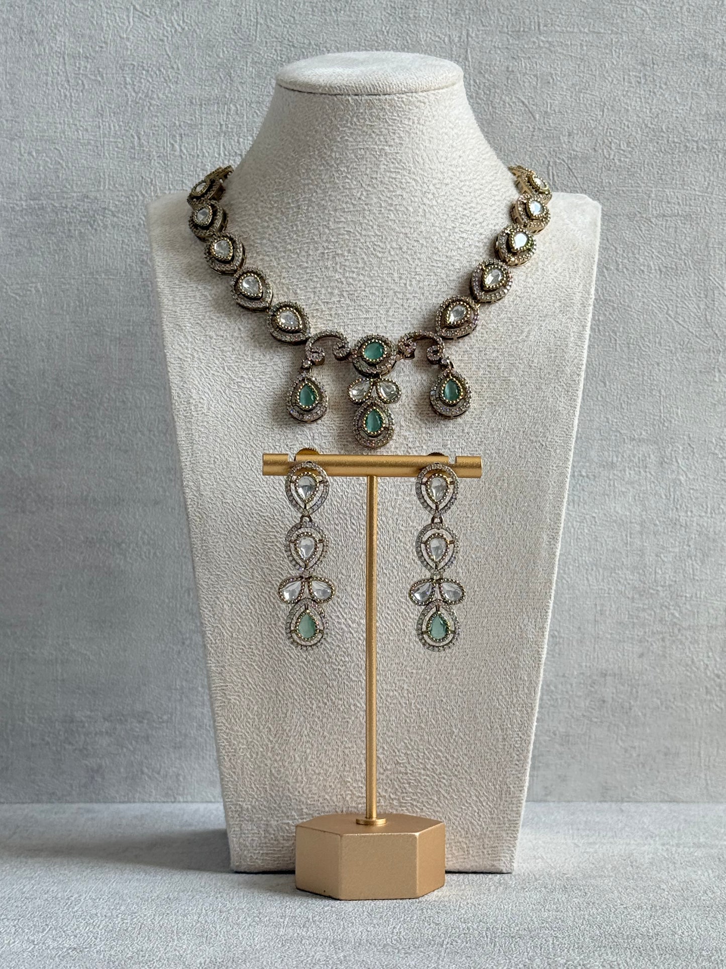 Ayura Designs Bianca Necklace Set with Earrings – Mint Green & White Kundan, Crystals & Gold Finish