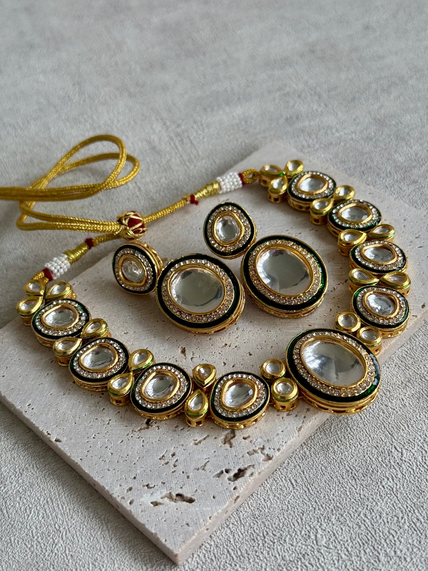 Ayura Designs Sahiba Set – Gold and Emerald Green Kundan Necklace with Oversized Oval Stones and Matching Drop Earrings