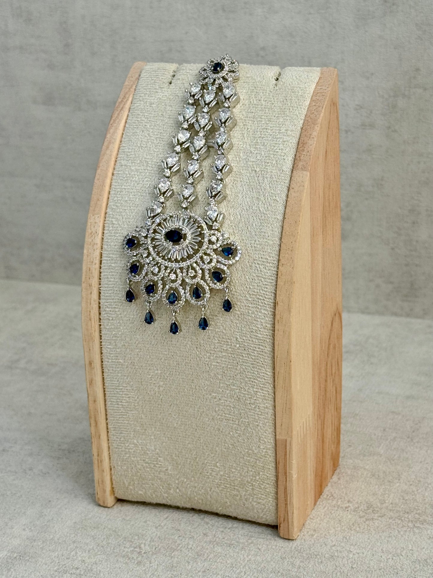 Ayura Designs Anna Jhoomar Passa – Silver Finish with Sapphire Blue Stones & Crystal Detailing