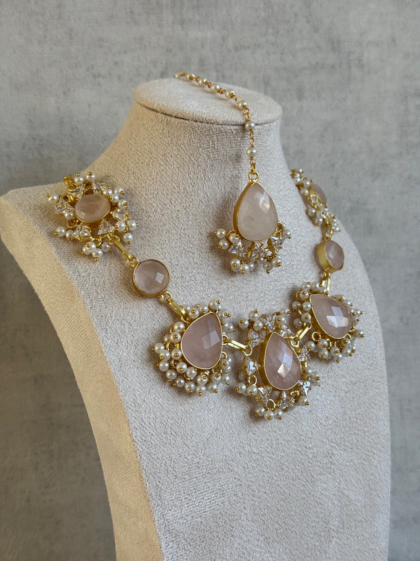 Ayura Designs Rosa Set with Tikka & Earrings – Rose Quartz, Crystals & Pearls