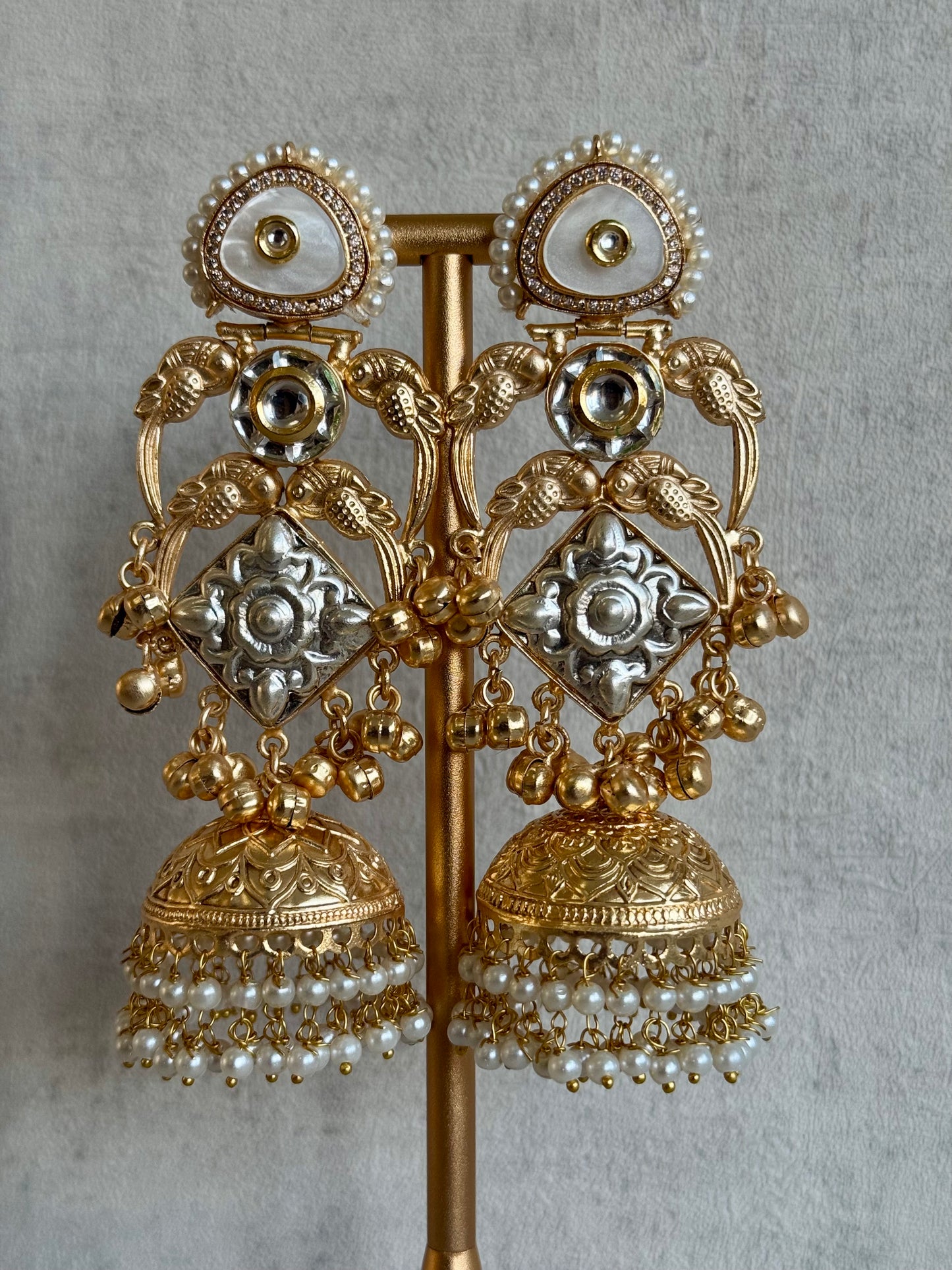 Ayura Designs Zaqsa Earrings – Dual-Tone Antique Gold & Silver Jhumkas with Bird Motifs, Kundan Accents & Pearl Drops