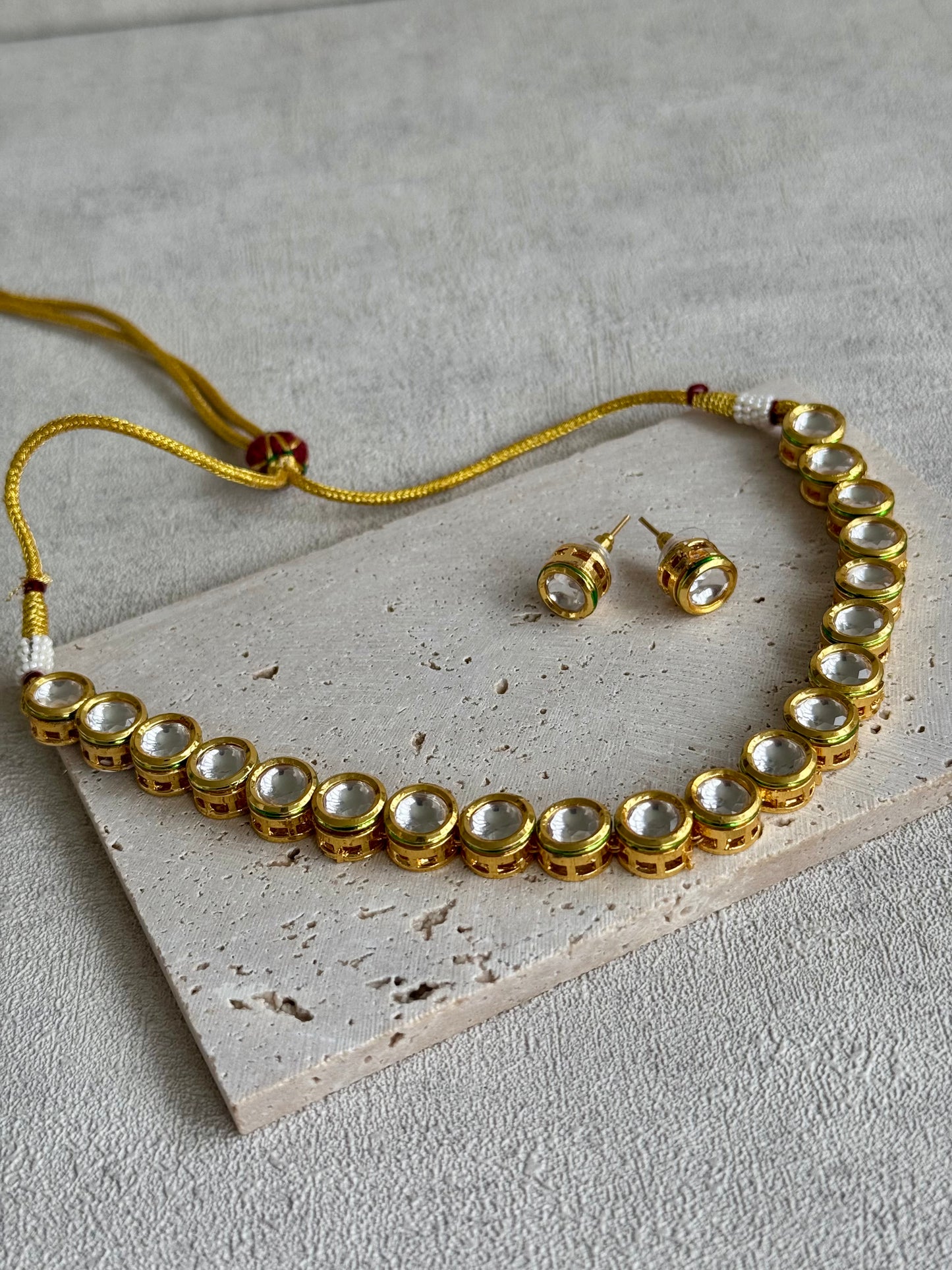 Ayura Designs Saanvi Set – Classic Gold Polished Kundan Necklace with Circular Clear Stones & Matching Stud Earrings