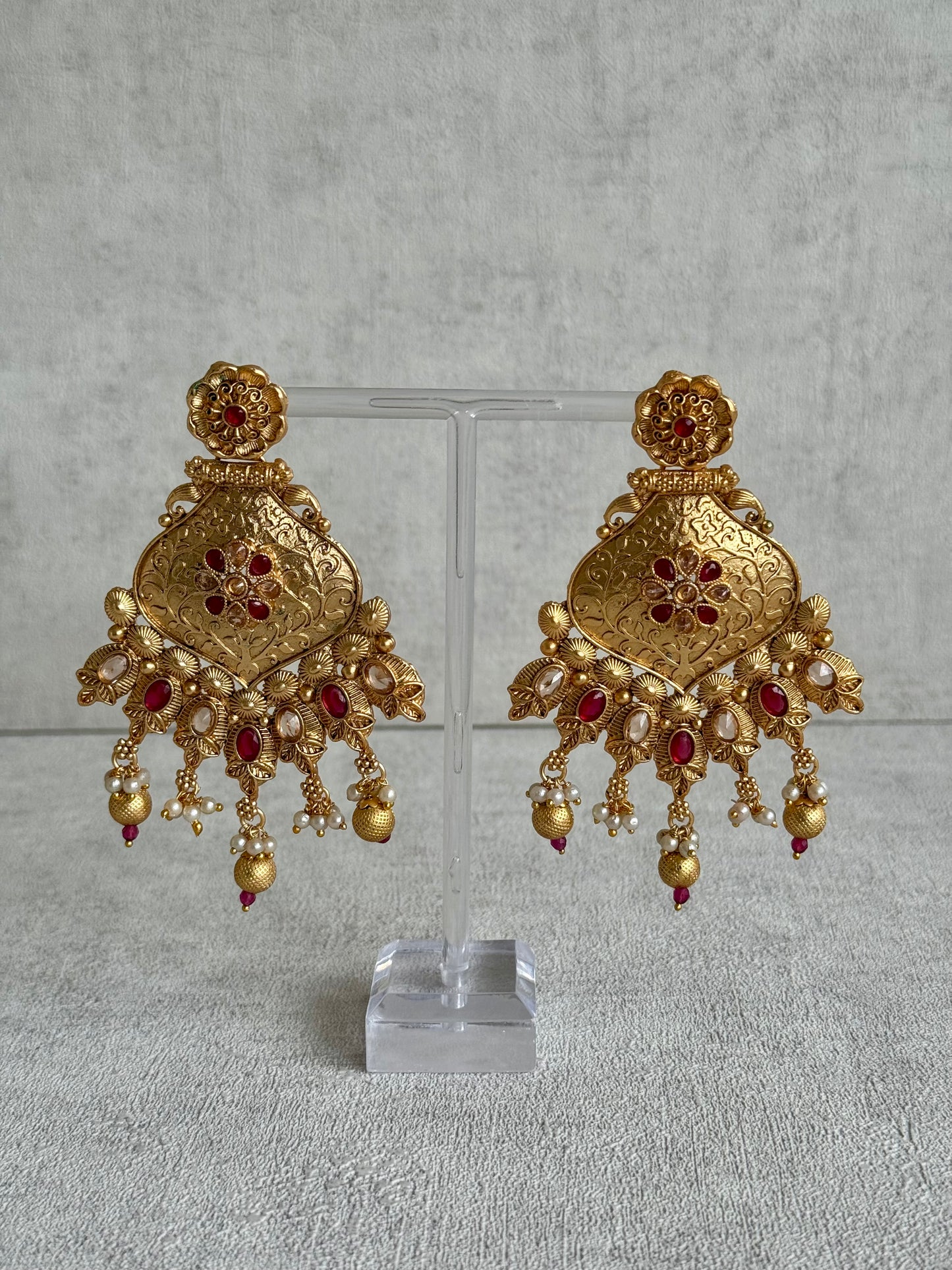 Ayura Designs Neha Earrings – Antique Gold with Ruby Red Stones & Pearl Detailing
