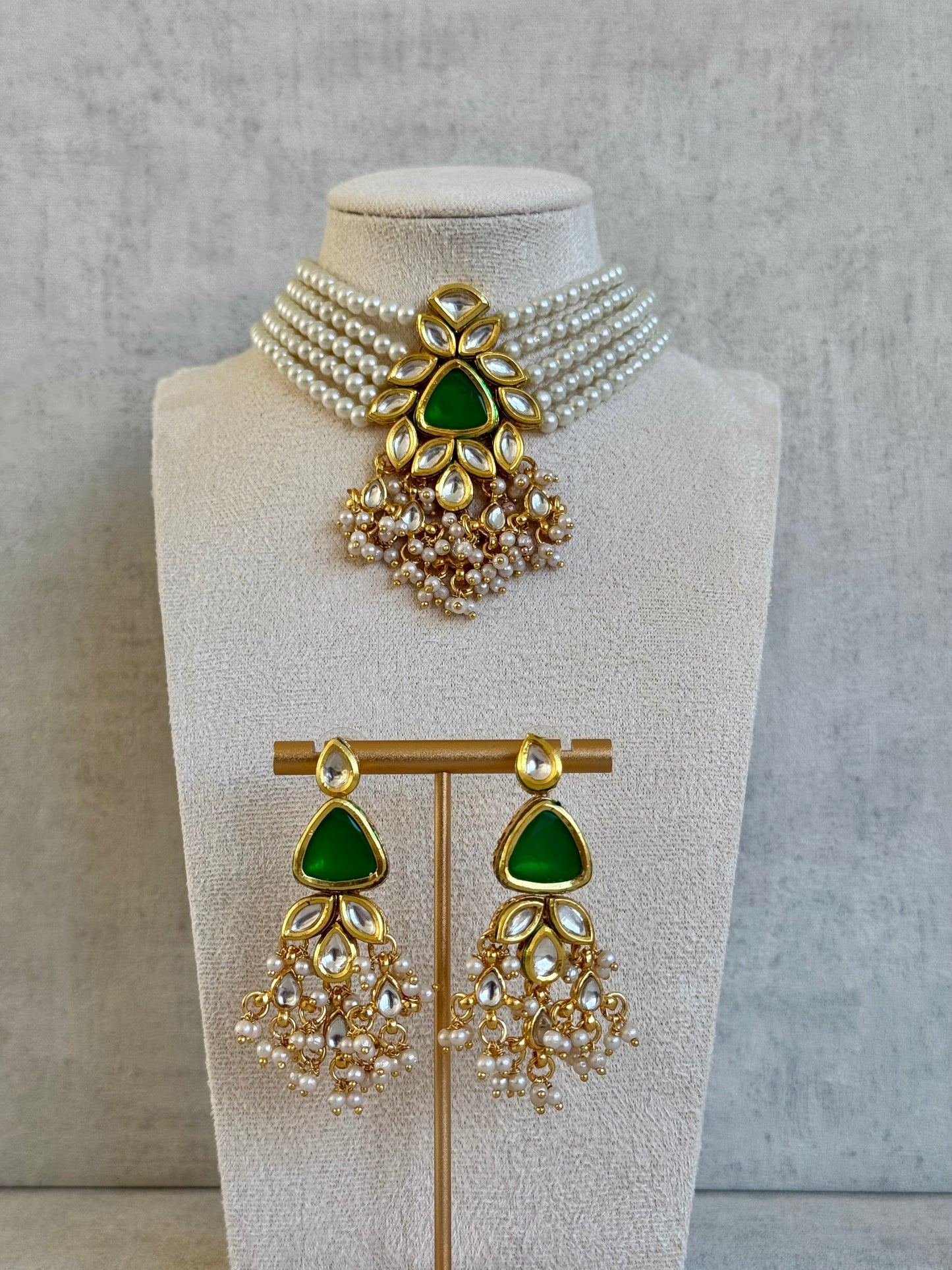 Ayura Designs Elina Set – Pearl Choker & Earrings with Green Stone Centerpiece and Kundan Detailing