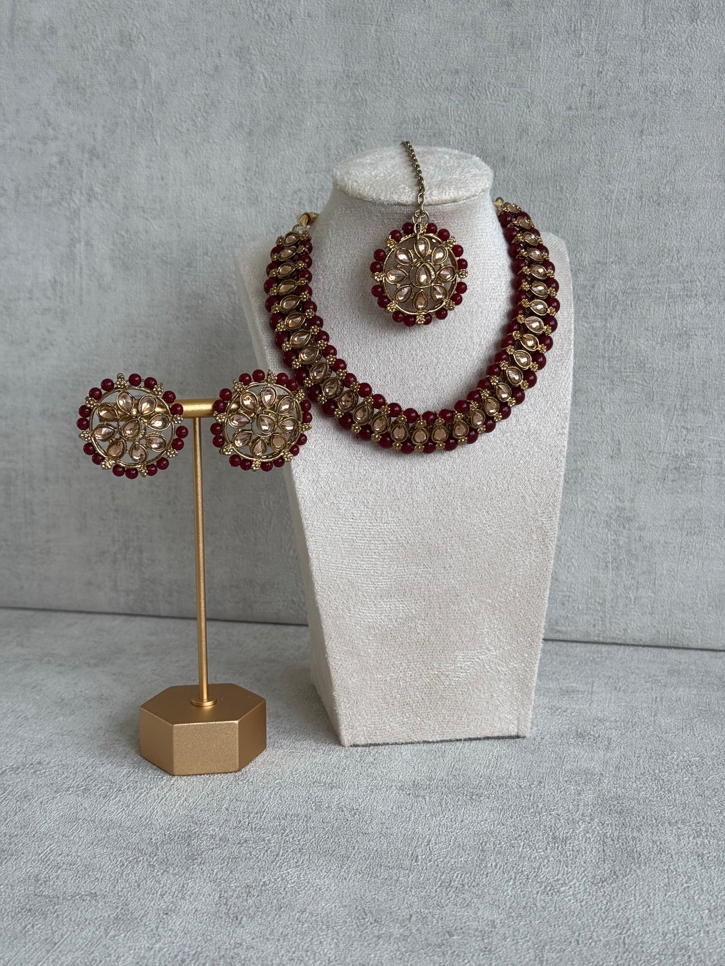 Ayura Designs Hala Set with Tikka & Studs – Maroon Beads & Champagne Kundan