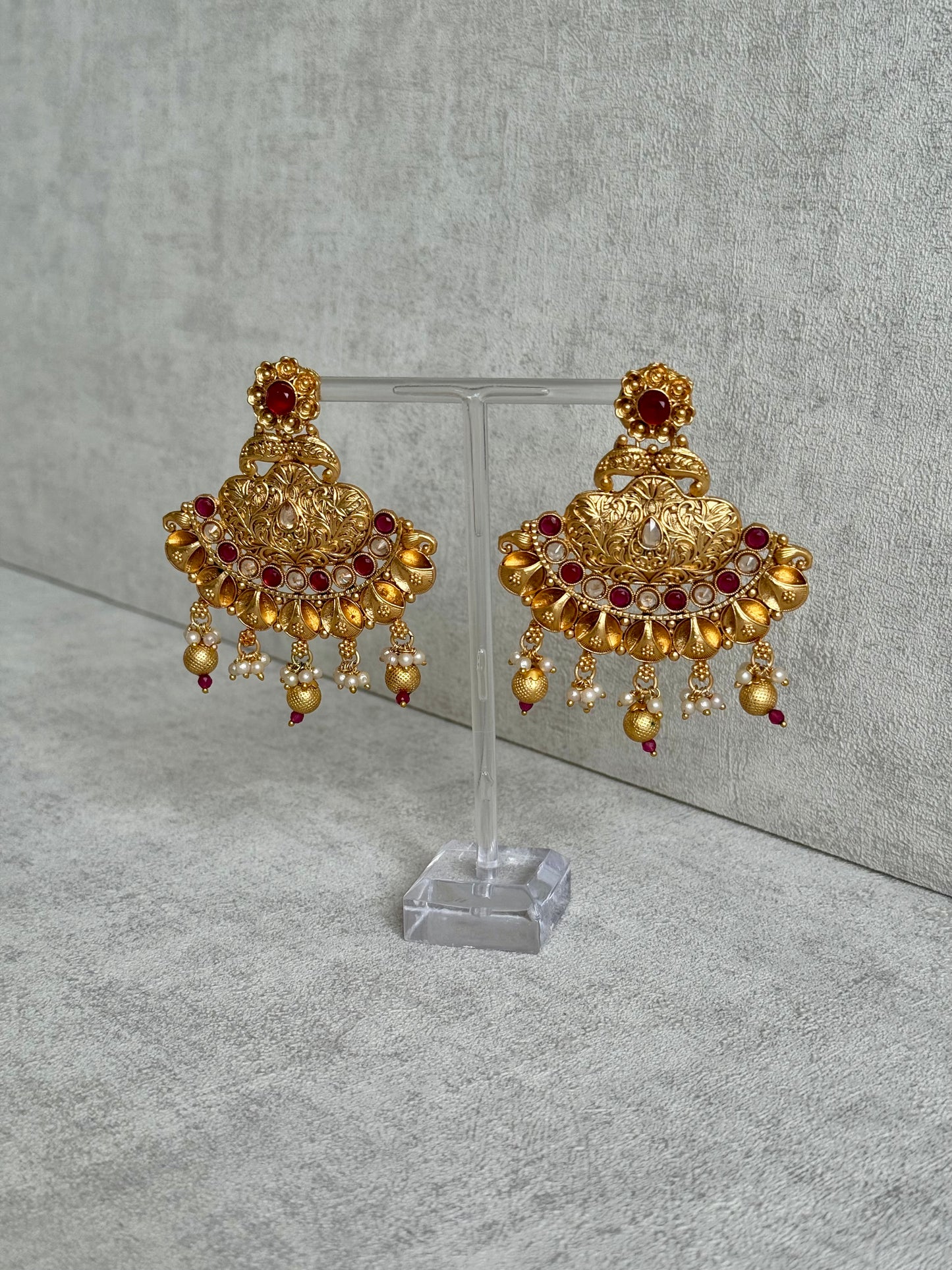 Ayura Designs Neera Earrings in Antique Gold with Red Glass Stones, Mirror-Cut Polki & Pearls