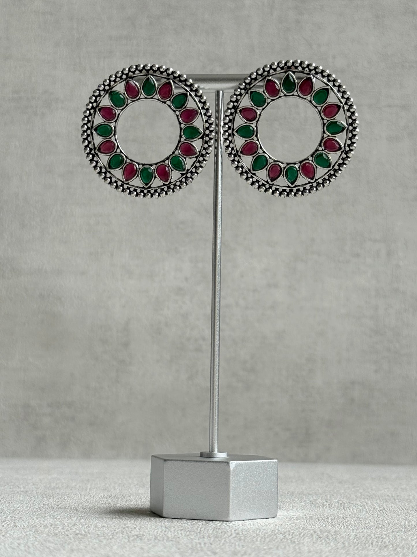 Ayura Designs Kesar Studs – Statement Oxidised Stud Earrings with Ruby Pink & Emerald Stones