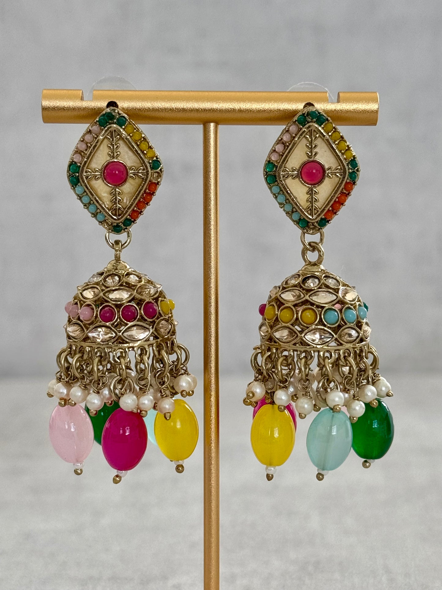 Ayura Designs Ariana Choker Set with Jhumkis – Kundan & Multicolor Beads in Antique Gold