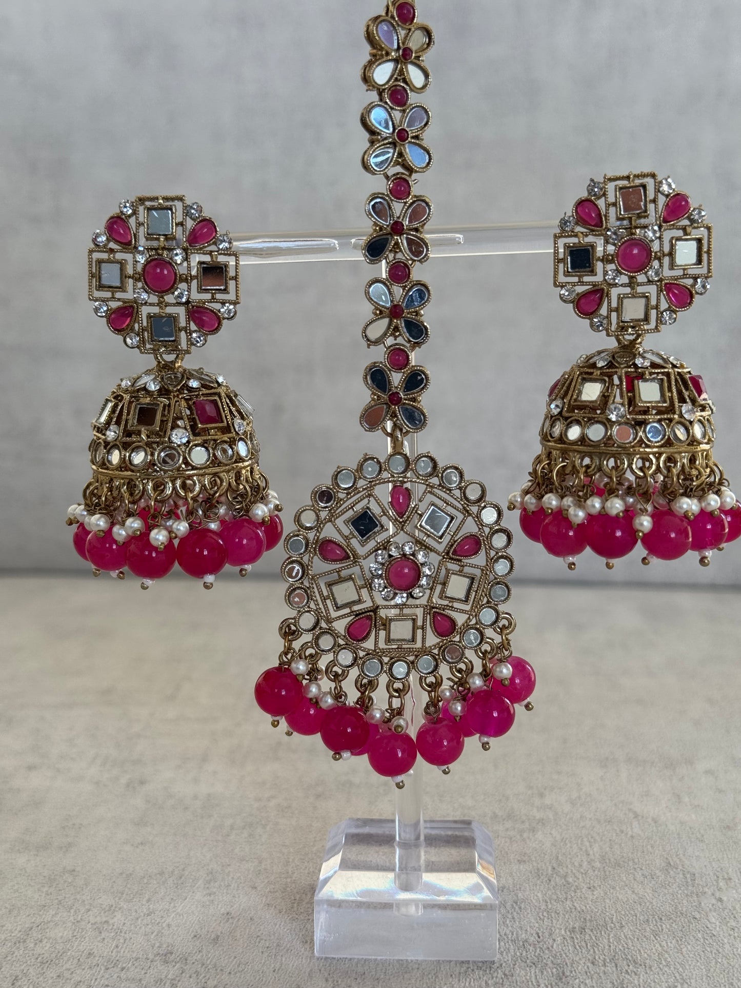 Ayura Designs Heer Tikka Set with Jhumkis – Pink, Mirror & Polki Stonework