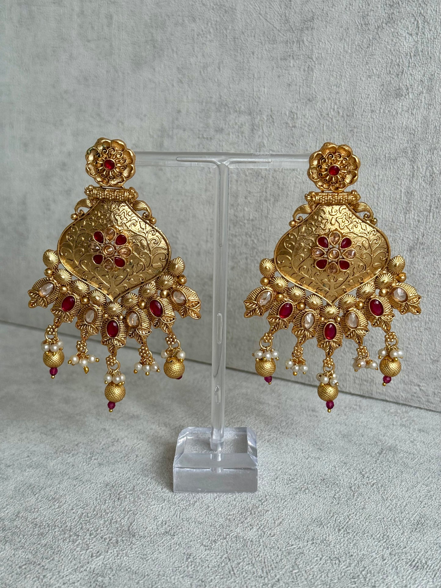 Ayura Designs Neha Earrings – Antique Gold with Ruby Red Stones & Pearl Detailing