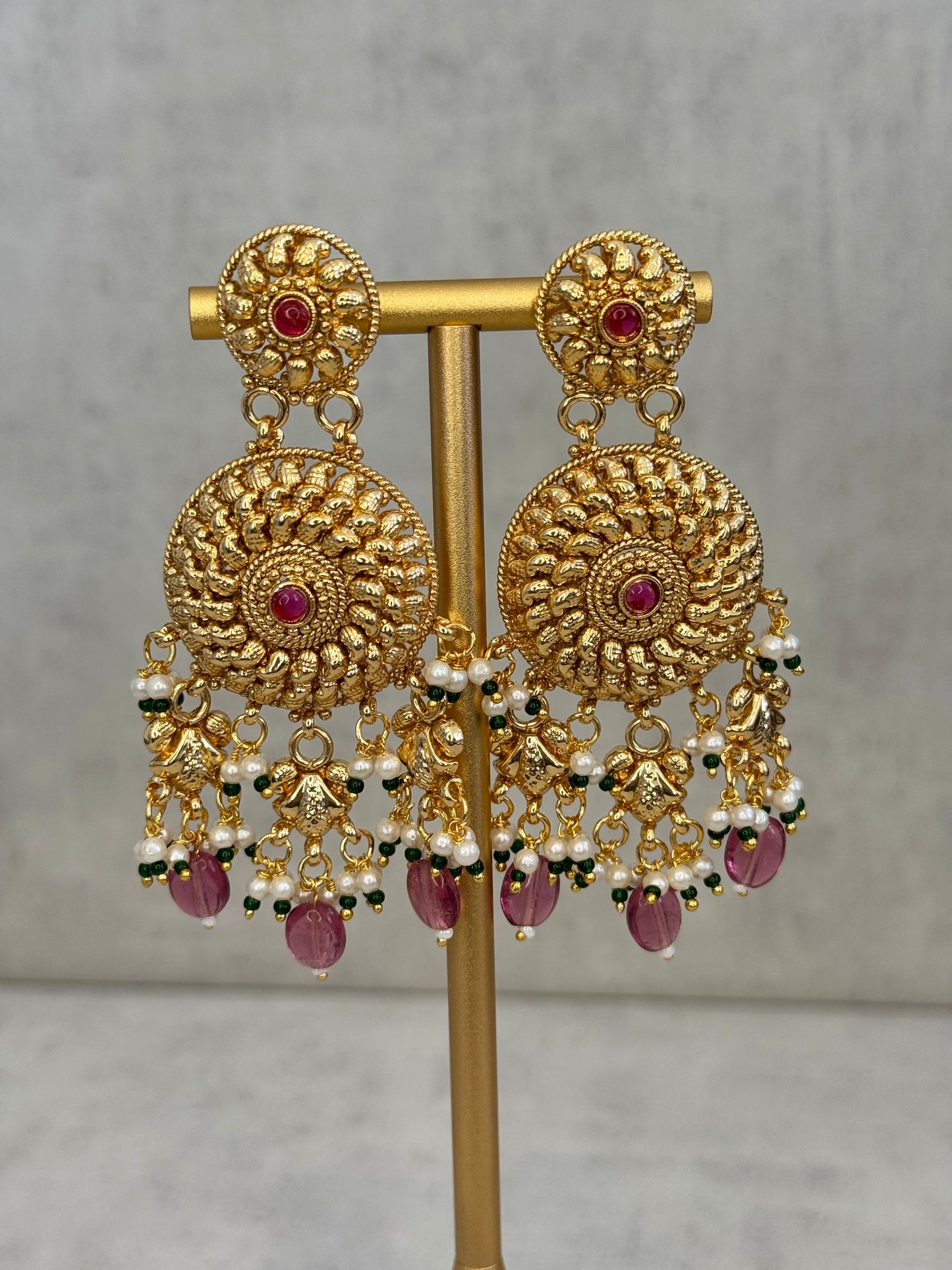 Ayura Designs Hoor Tikka & Earrings – Opulent Gold Adornment with Radiant Pink, Green and White Beads
