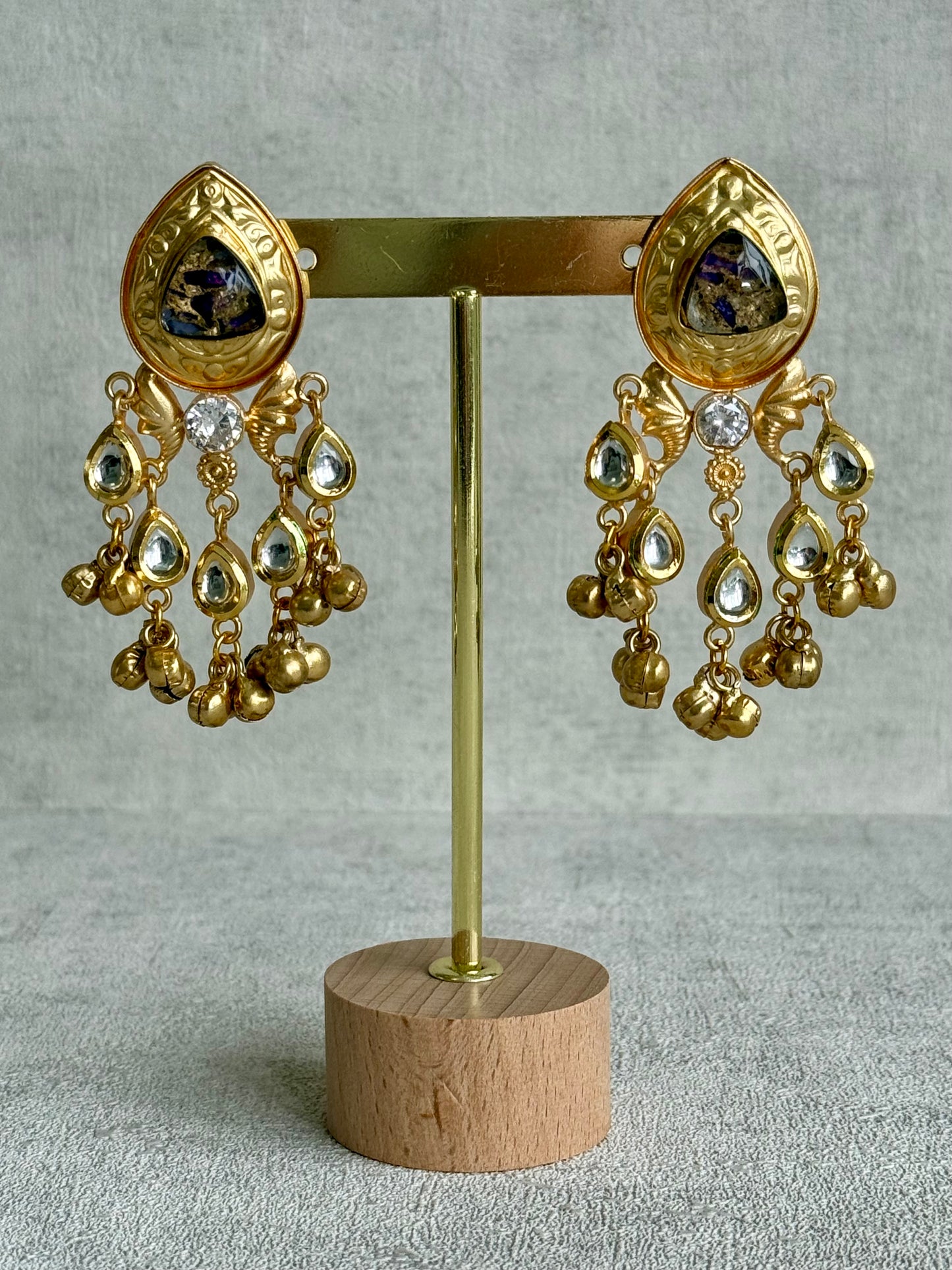 Ayura Designs Arheer Earrings – Violet & Gold Marble with Kundan Detailing & Antique Gold Ghungroos