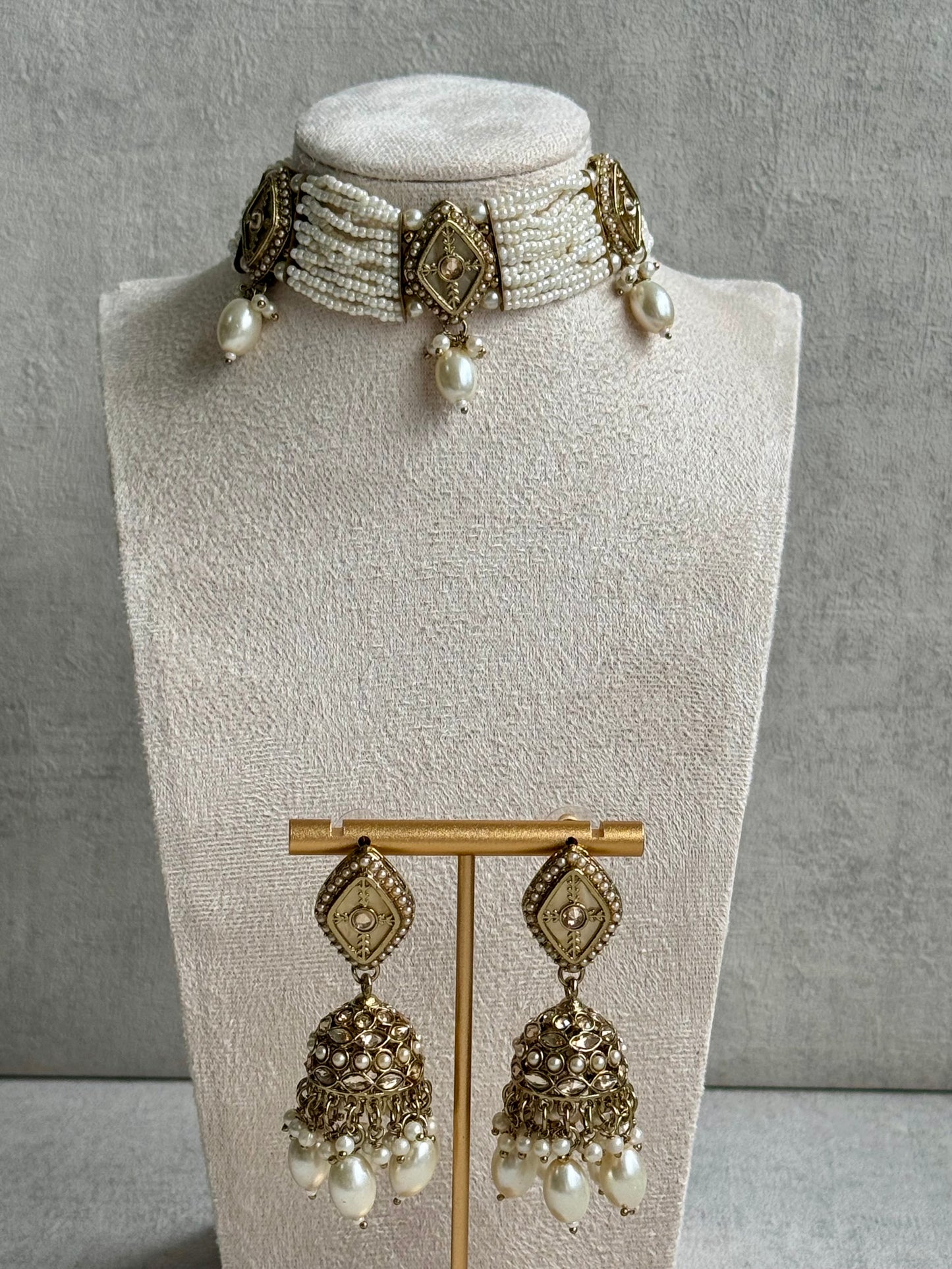 Ayura Designs Ariana Choker Set with Jhumkis – Kundan & Pearl in Antique Gold