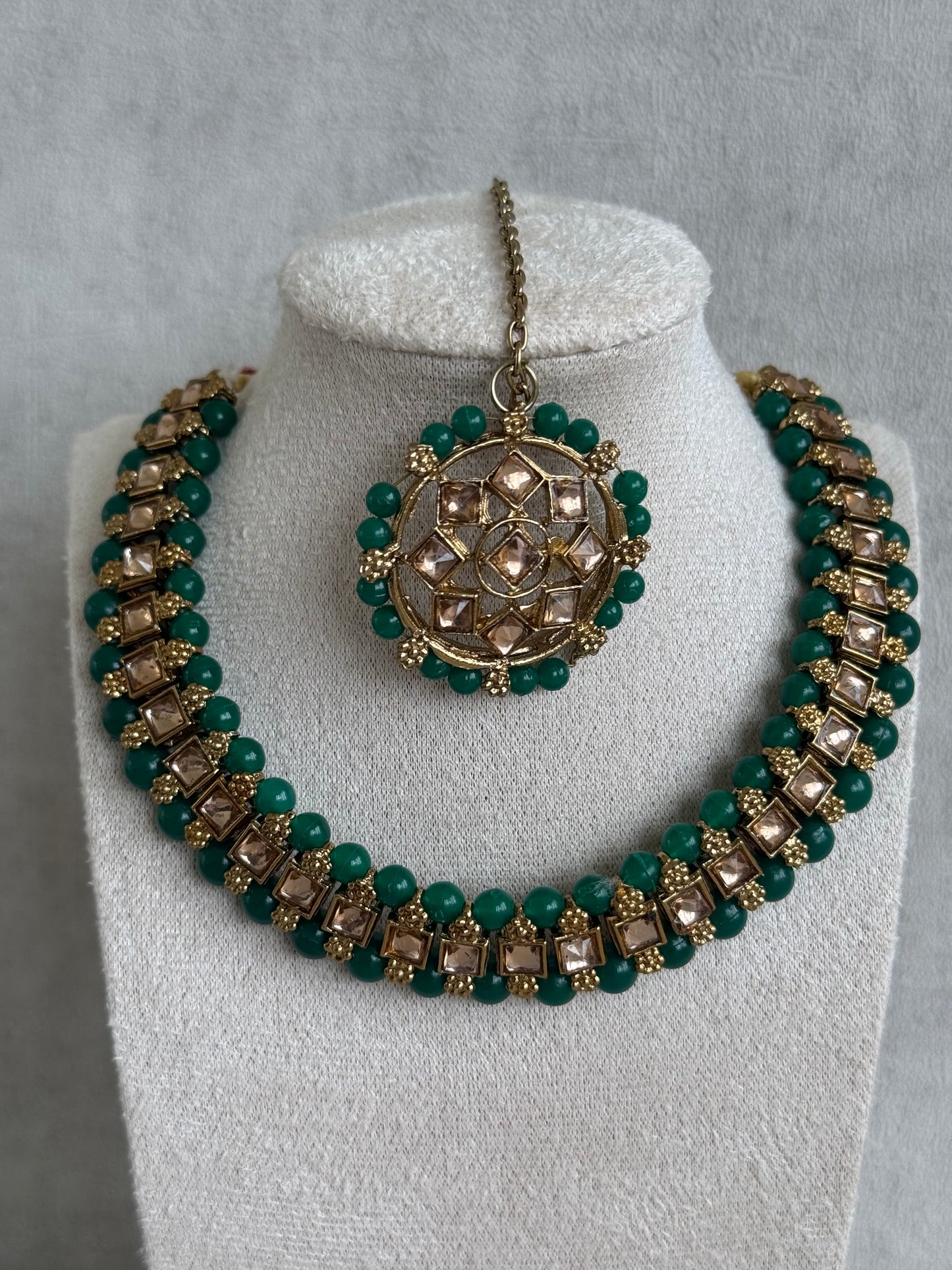 Ayura Designs Hala Set with Tikka & Studs – Emerald Green Beads & Champagne Kundan