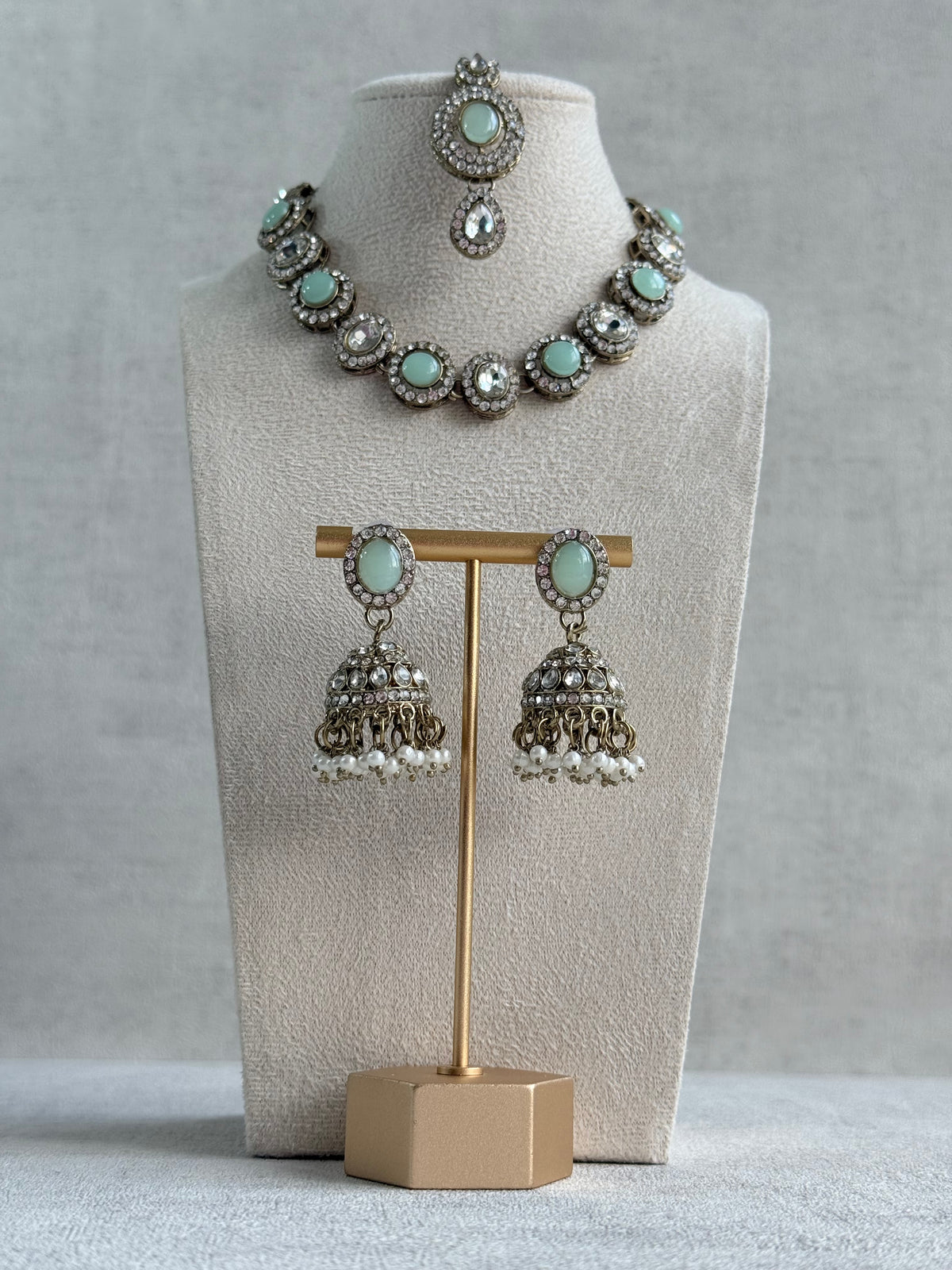 Ayura Designs Eira Necklace Set with Earrings & Tikka – Mint Green & Crystal Stones with Antique Gold Finish