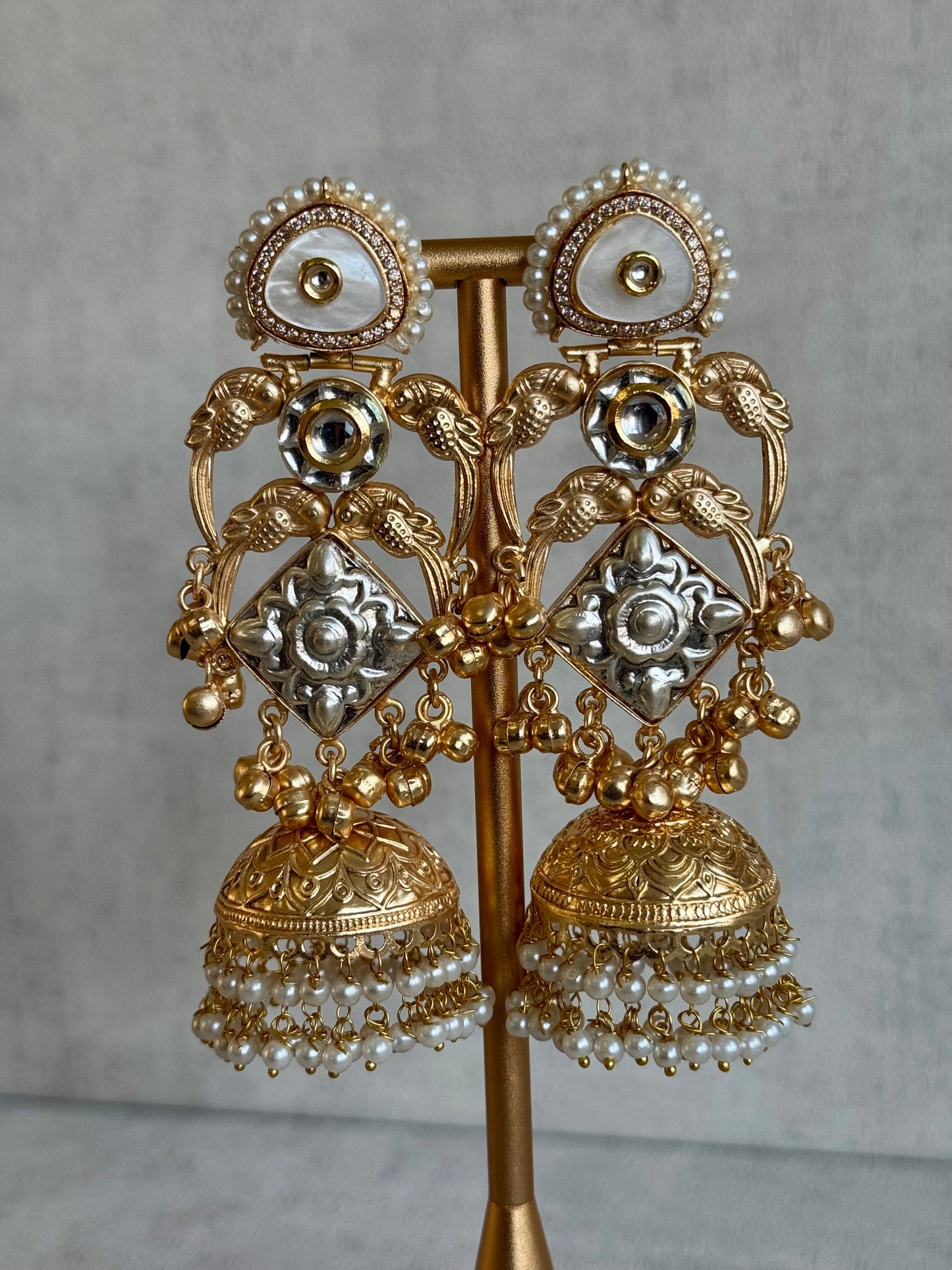 Ayura Designs Zaqsa Earrings – Dual-Tone Antique Gold & Silver Jhumkas with Bird Motifs, Kundan Accents & Pearl Drops