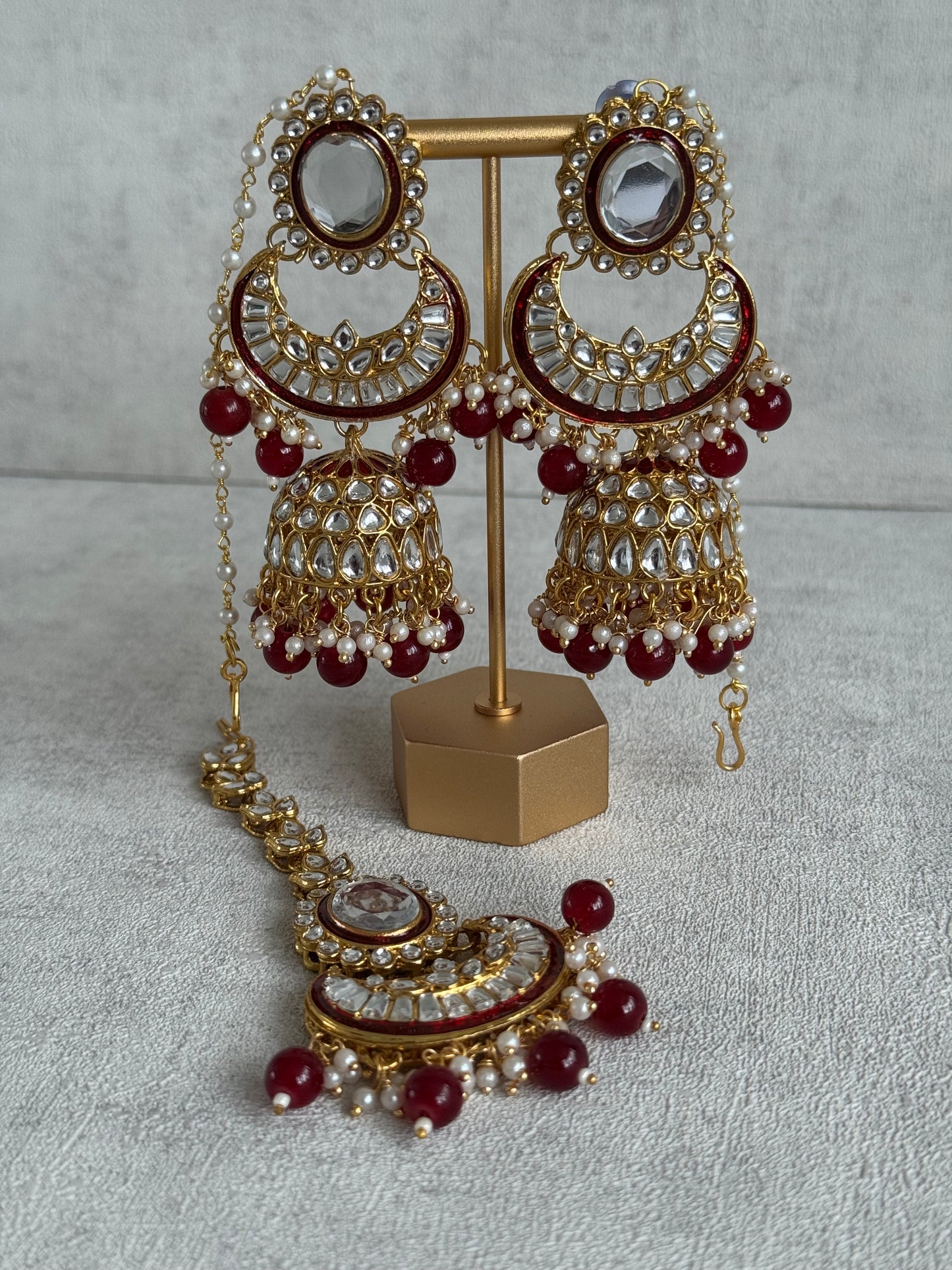 Ayura Designs Gulbadan Bridal Set with Necklace, Jhumkis, Tikka, Nath, Ring & Sheeshphool – Jadau Kundan Craftsmanship with Mirror-Cut Polki, Ruby Red Stones & Antique Gold Finish
