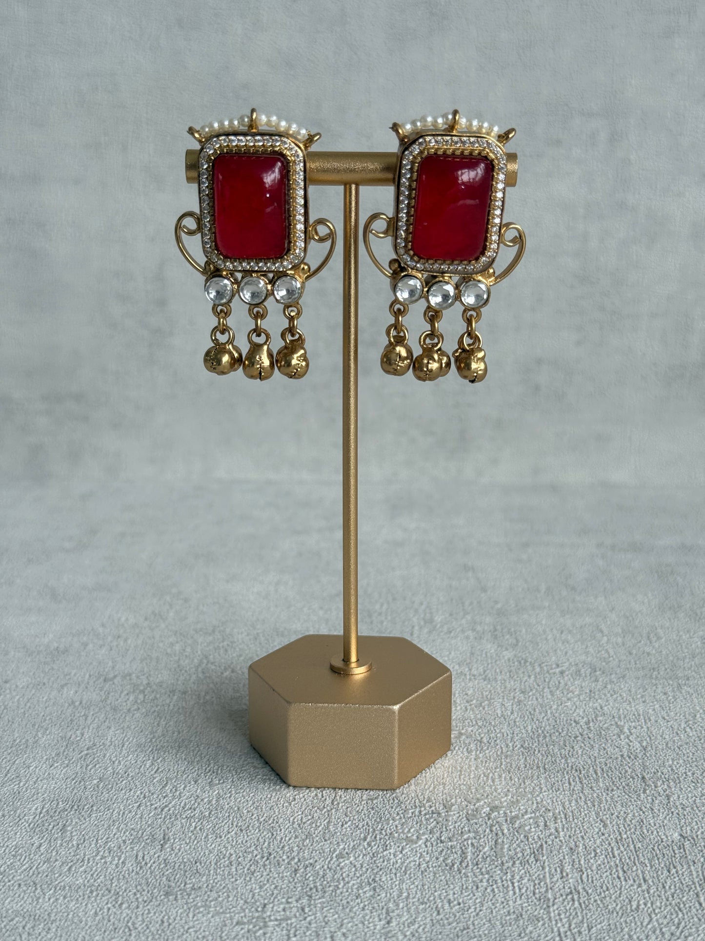 Ayura Designs Aleena Earrings – Ruby Red Stone Stud Earrings with Pearls & Ghungroo Detailing