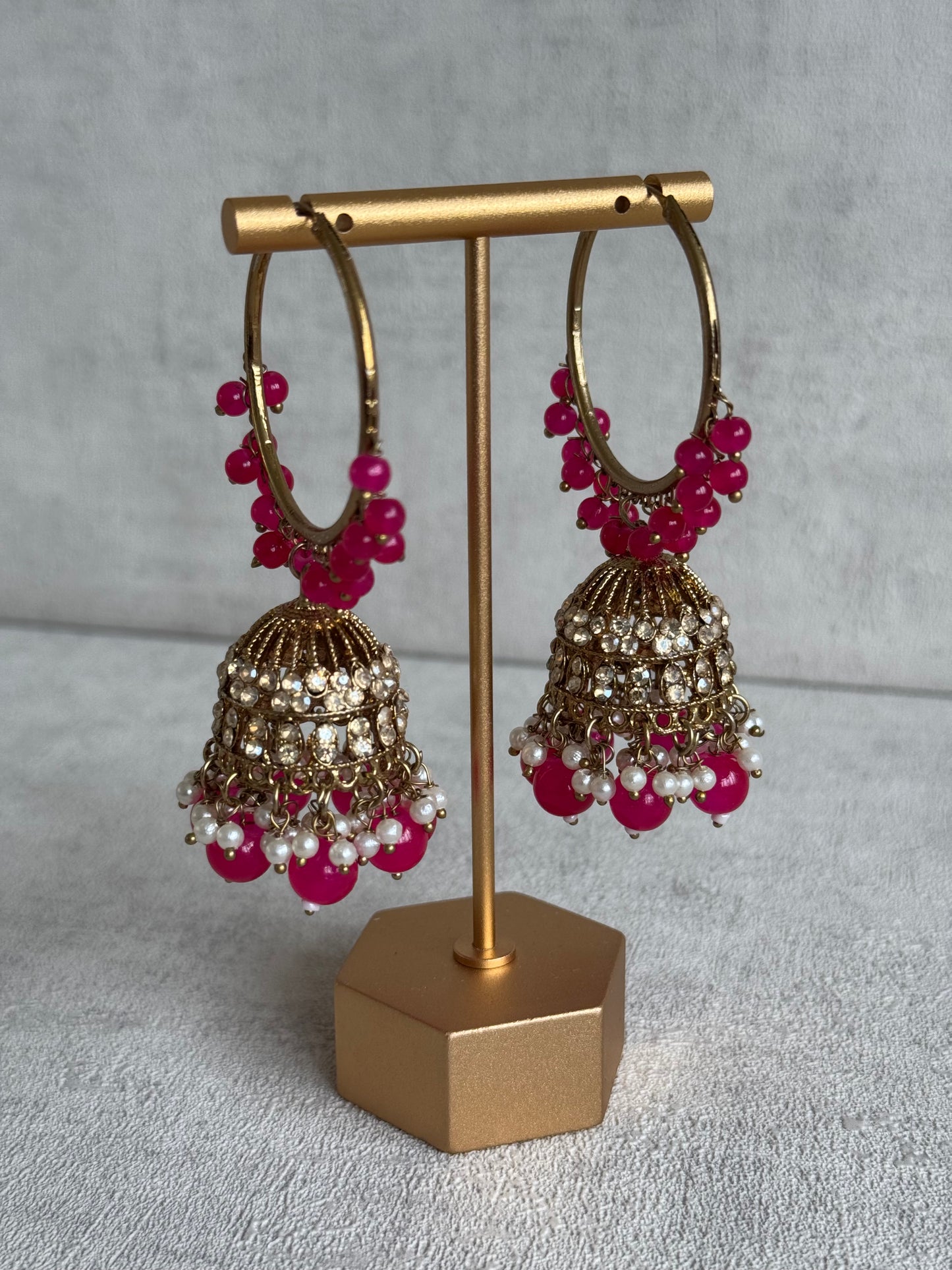 Ayura Designs Dastoor Tikka Set with Balis – Fuchsia Beads, Champagne Stones & Pearls