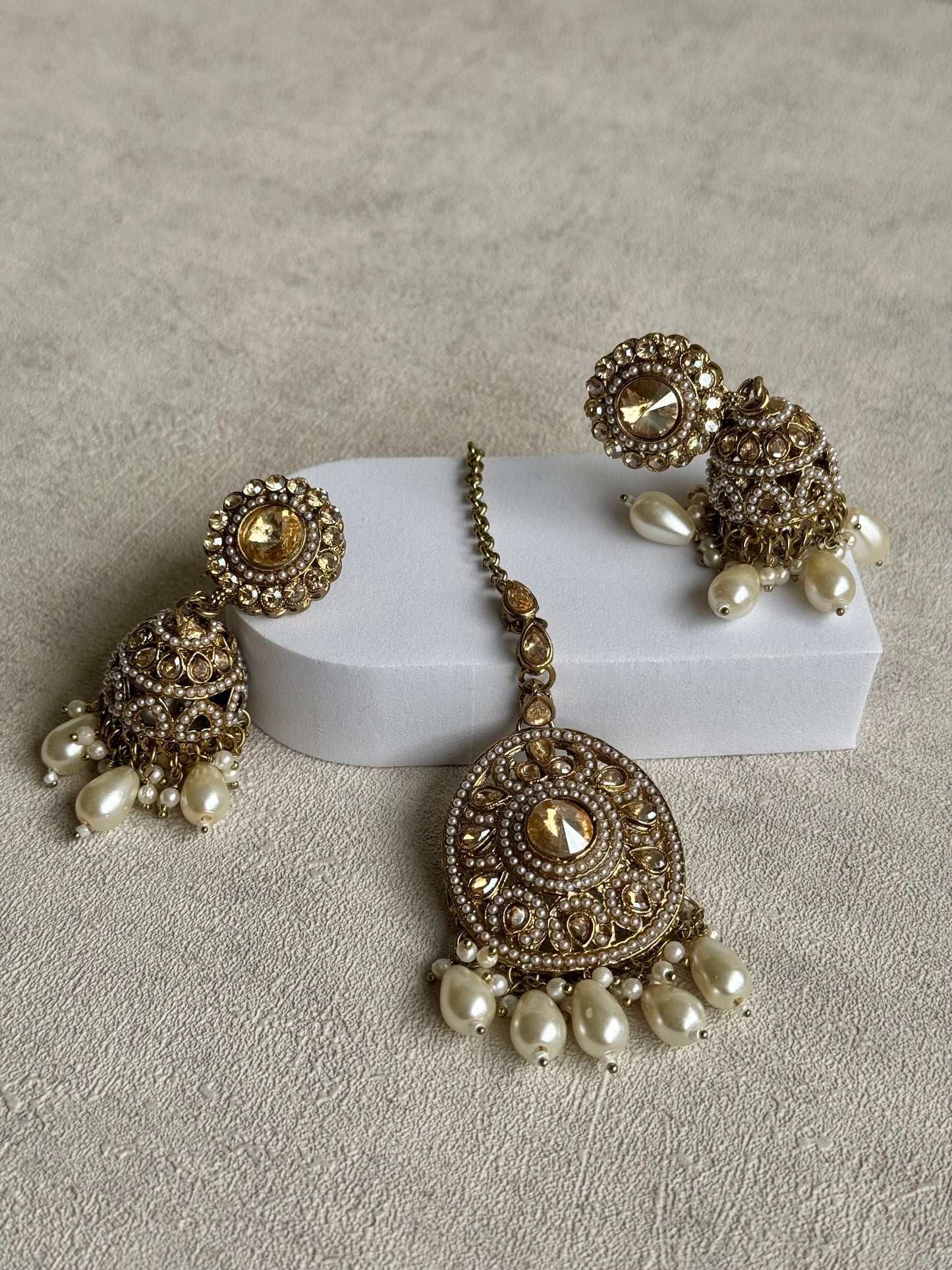 Ayura Designs Azhar Choker Set with Jhumkis & Tikka – Champagne Gold, White Pearls, Polki with Champagne Stones