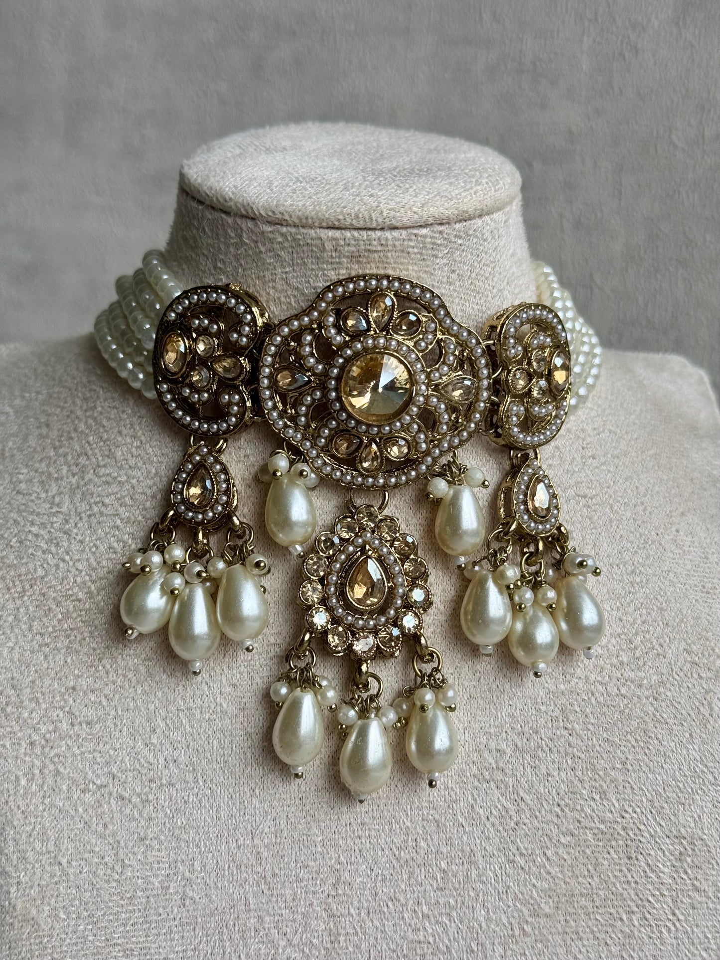 Ayura Designs Azhar Choker Set with Jhumkis & Tikka – Champagne Gold, White Pearls, Polki with Champagne Stones