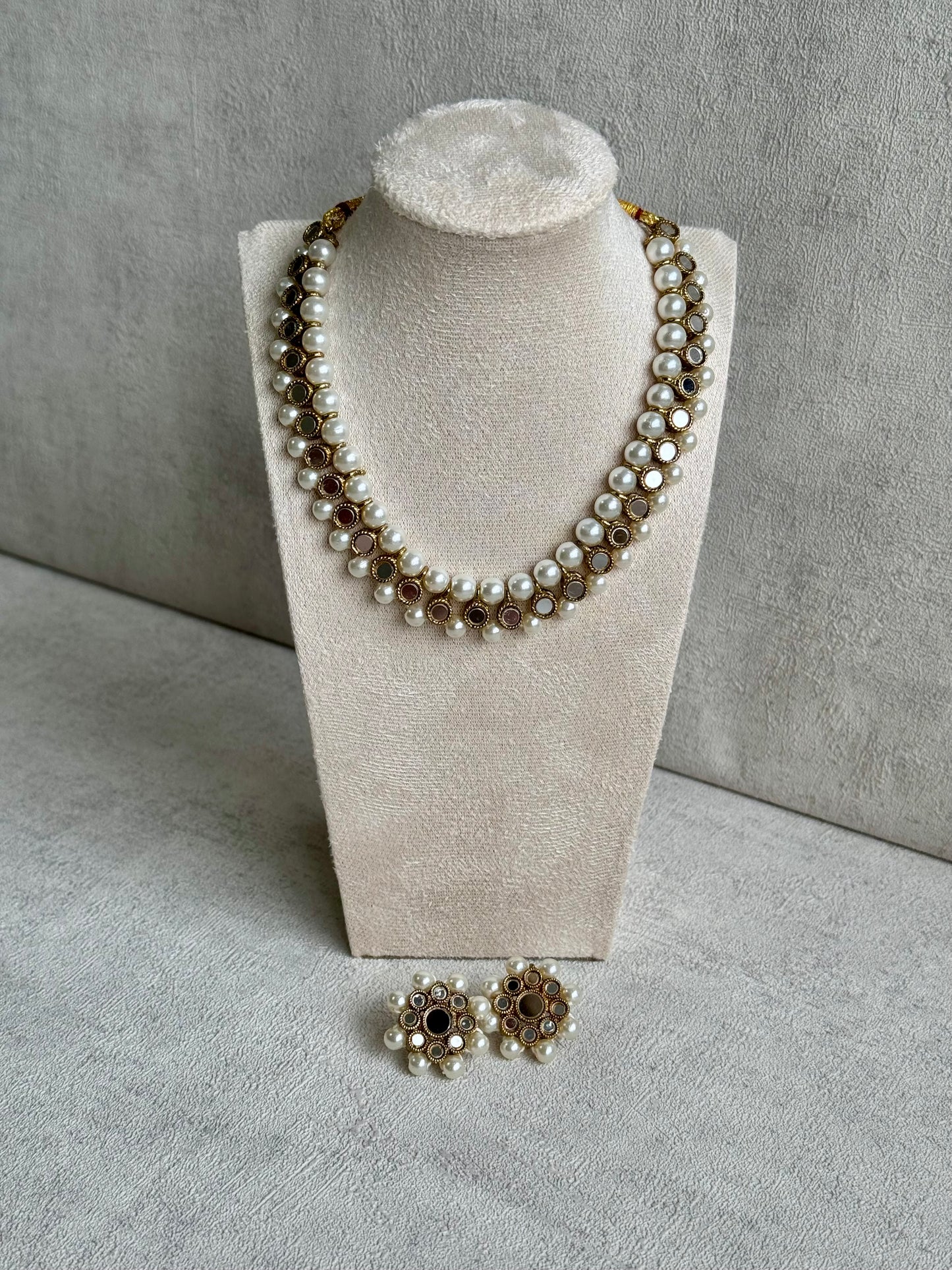Ayura Designs Hala Set with Studs – Mixed Mirror Work & Pearls in Gold Finish