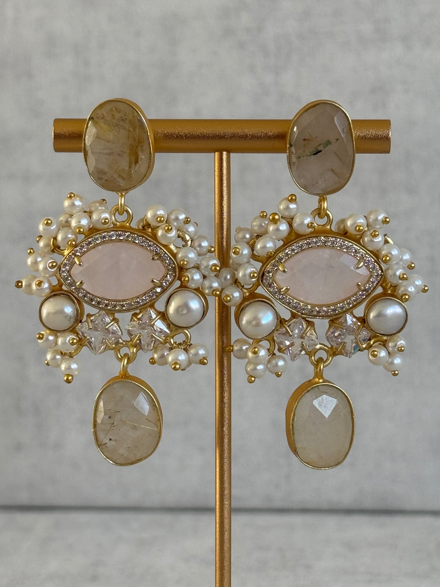 Ayura Designs Aurelia Earrings – Rutilated Quartz, Rose Quartz, Pearls & Crystals