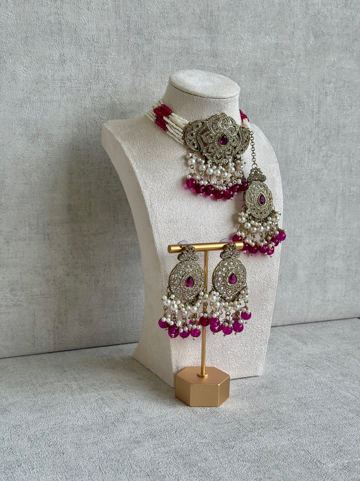 Ayura Designs Nyra Choker Set with Earrings & Tikka – Magenta Pearls, Crystal Stones & Kundan Work
