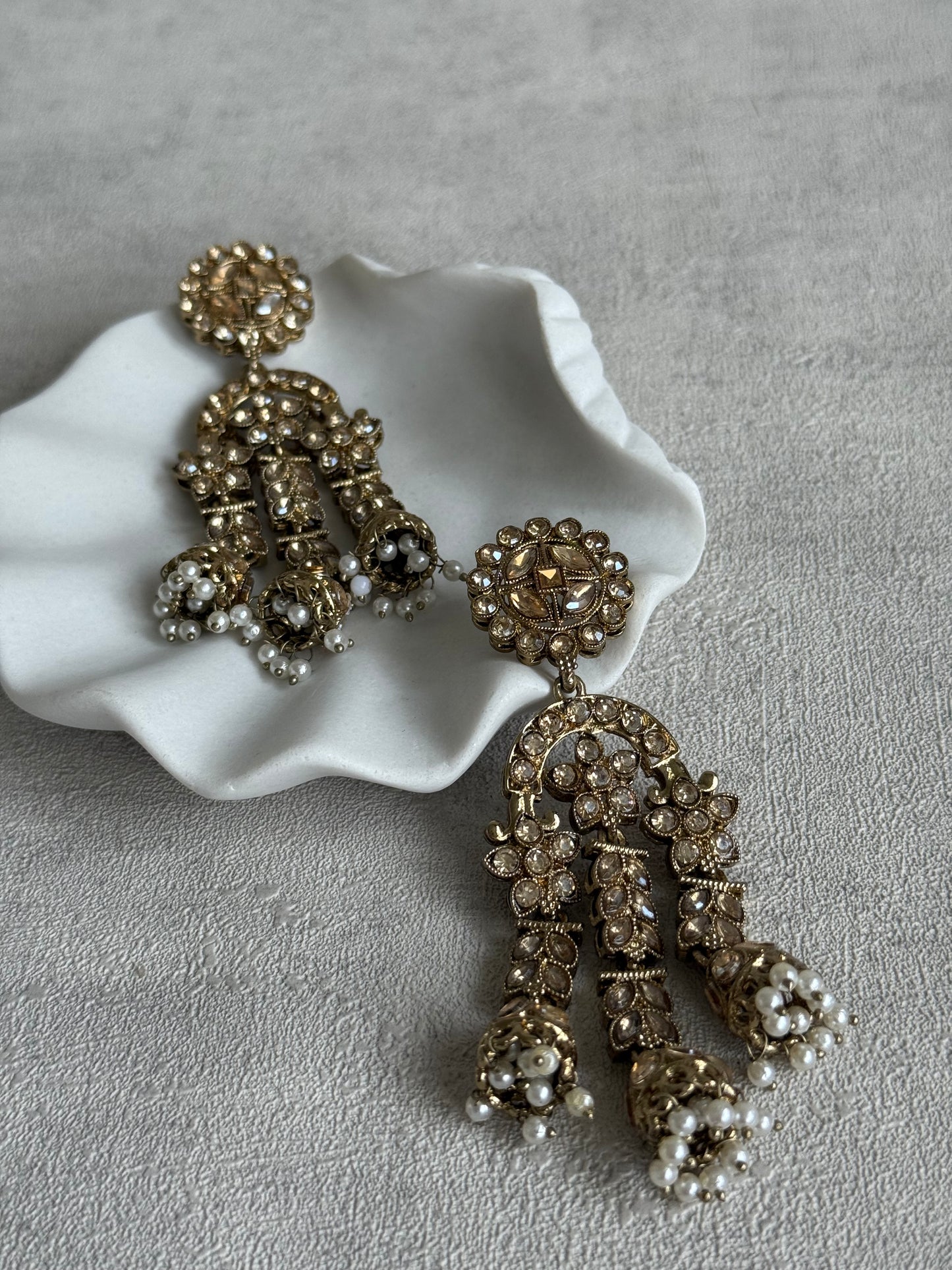 Ayura Designs Soraya Earrings – Champagne Stones, Mirror-Cut Crystals, Pearl Detailing & Gold Finish