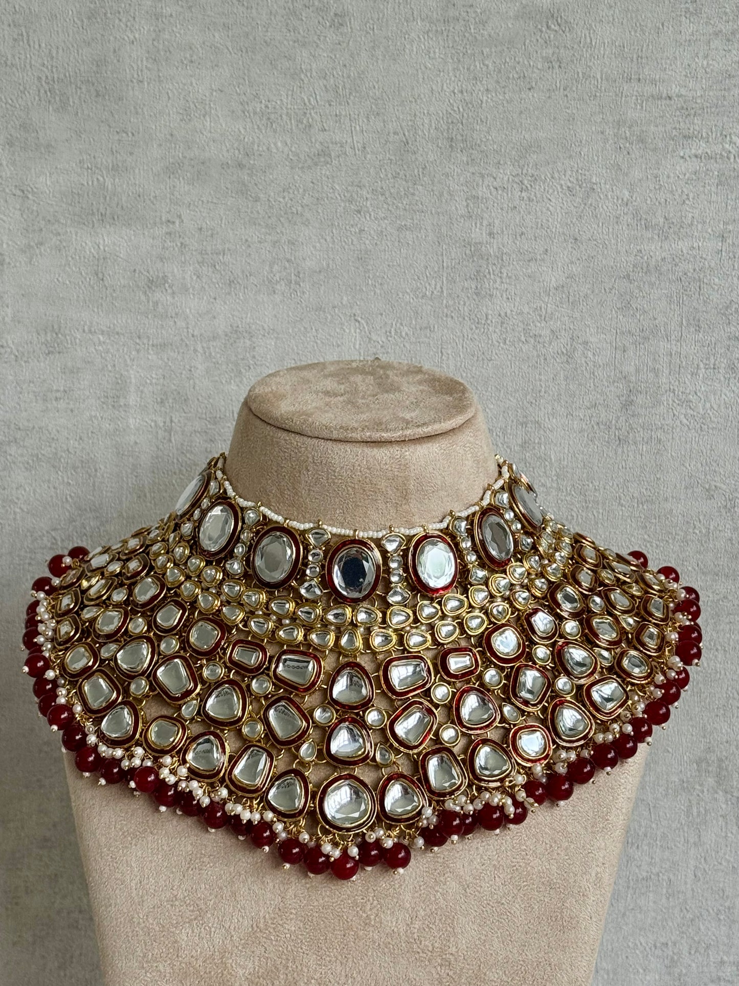 Ayura Designs Gulbadan Bridal Set with Necklace, Jhumkis, Tikka, Nath, Ring & Sheeshphool – Jadau Kundan Craftsmanship with Mirror-Cut Polki, Ruby Red Stones & Antique Gold Finish