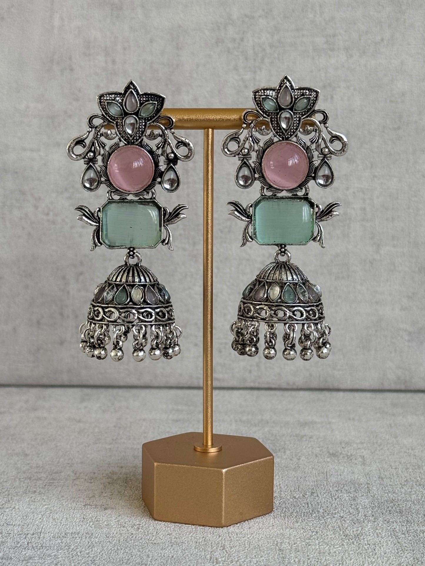 Ayura Designs Noorani Earrings – Oxidised Silver with Pastel Pink & Mint Green Stones, Kundan Detailing & Enamelled Jhumkis