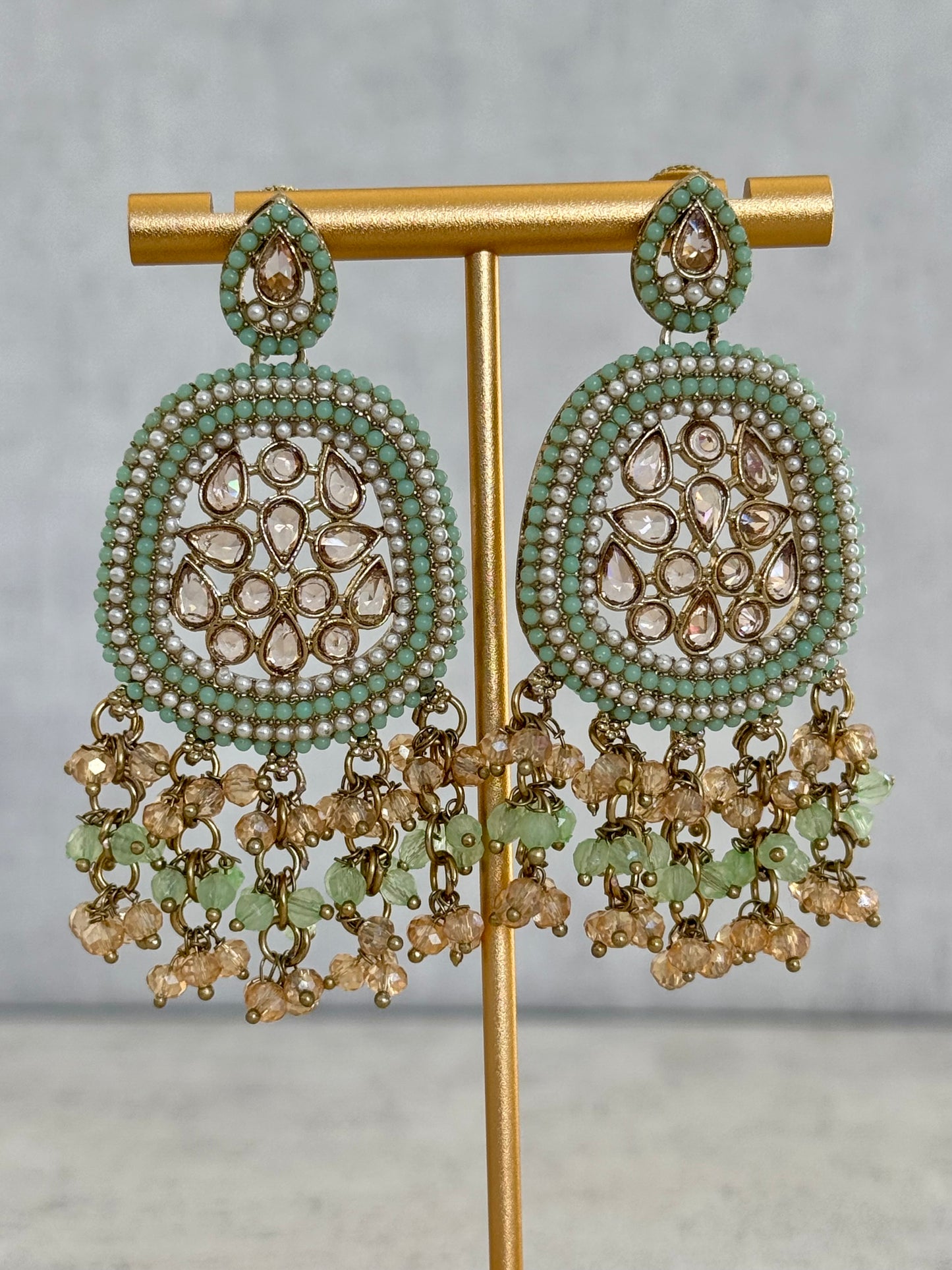Ayura Designs Geela Earrings – Mint Green & Champagne Kundan Statement Earrings