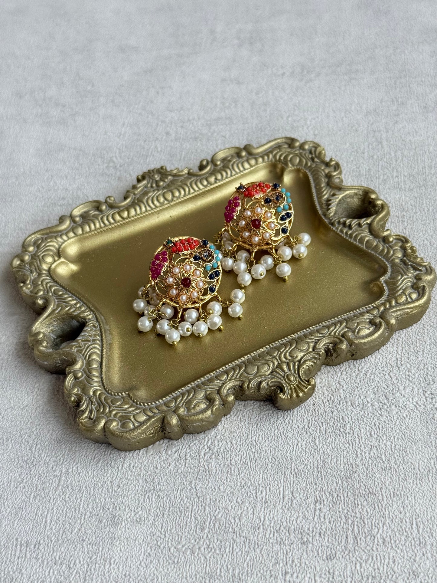 Ayura Designs Rasya Stud Earrings – Multicolour Stones with Pearl Drops & Gold Detailing