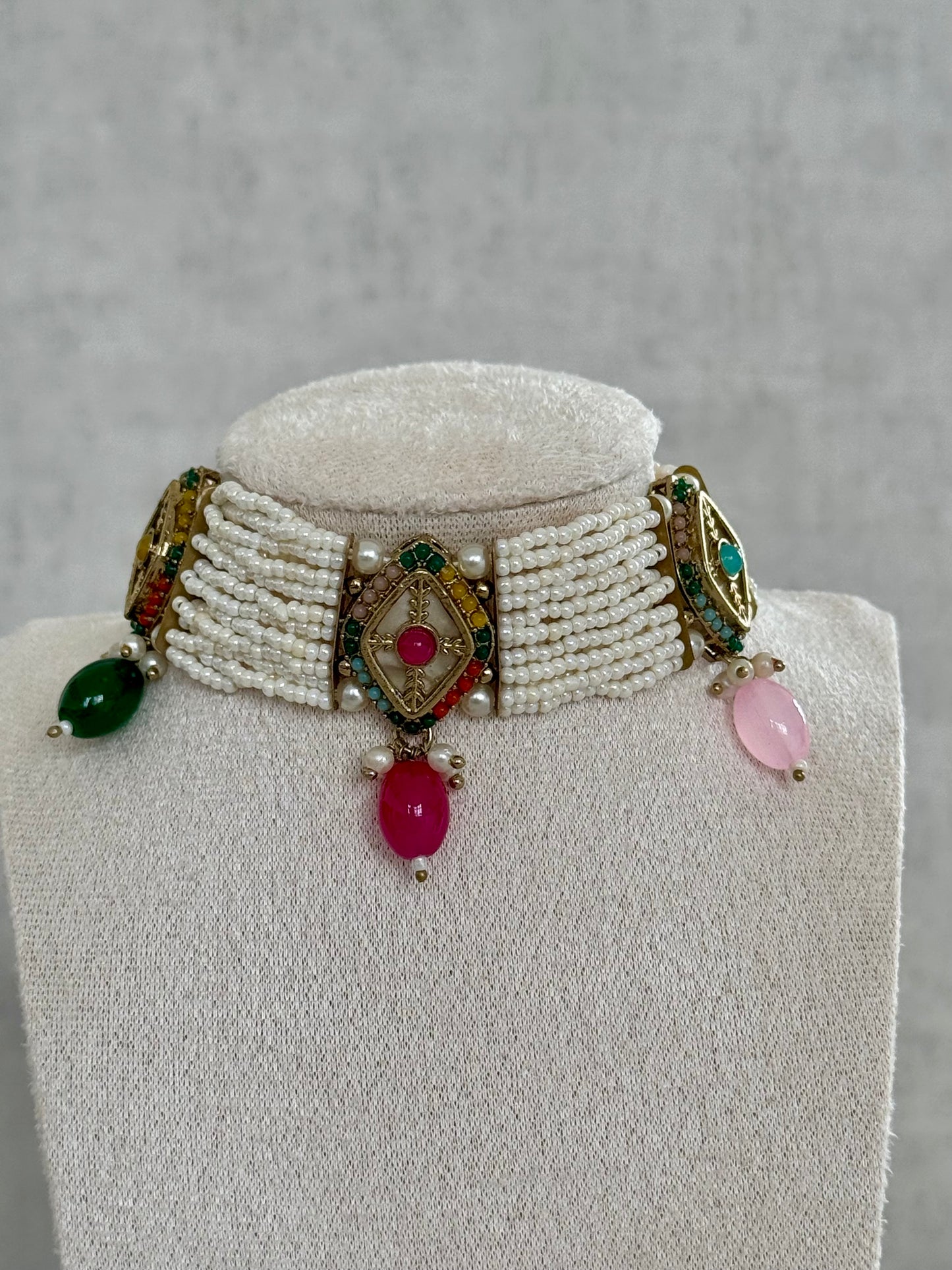 Ayura Designs Ariana Choker Set with Jhumkis – Kundan & Multicolor Beads in Antique Gold