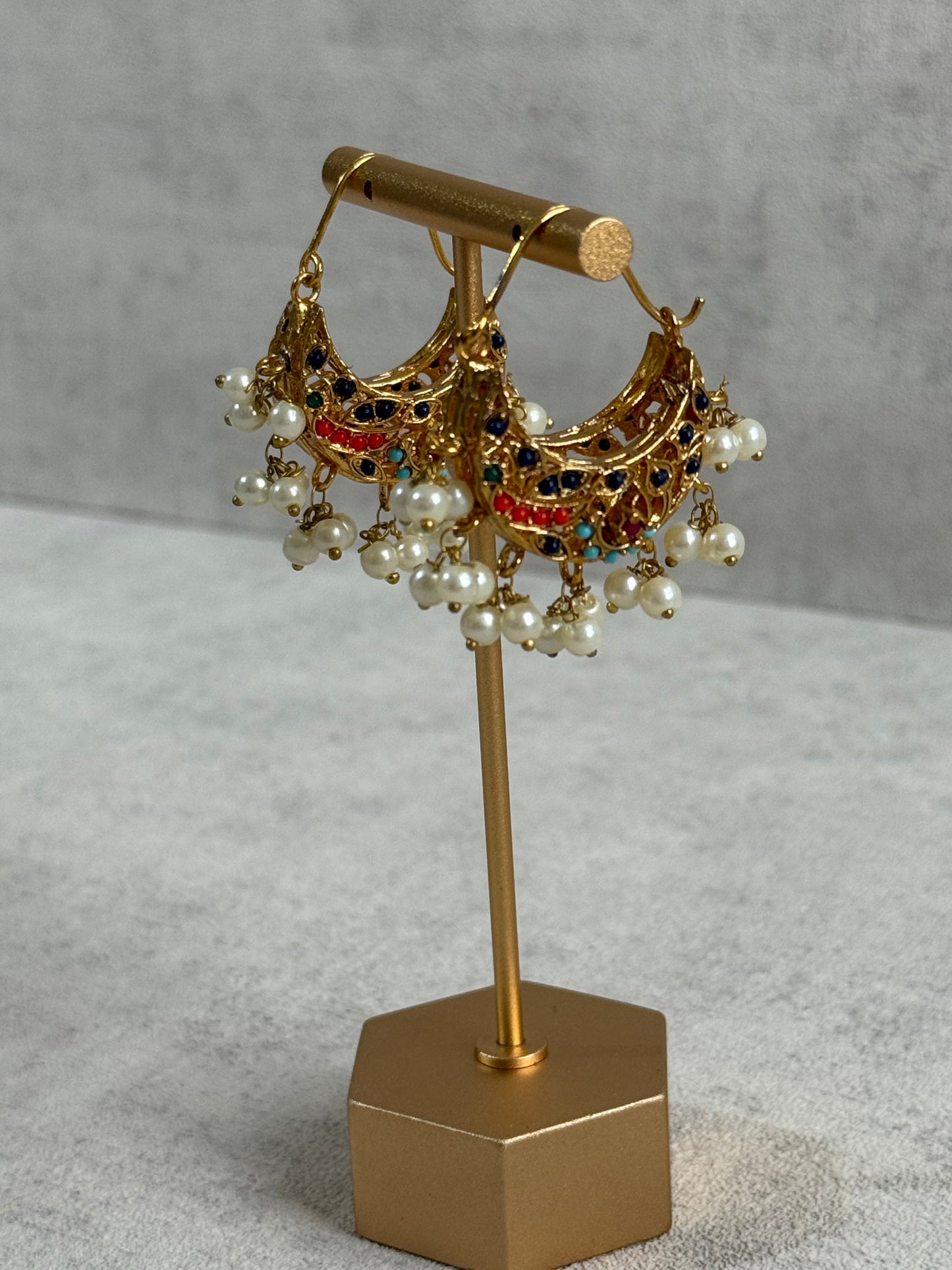 Ayura Designs Rasam Balis – Antique Gold Hoops with Multicolour Stones & Pearl Clusters