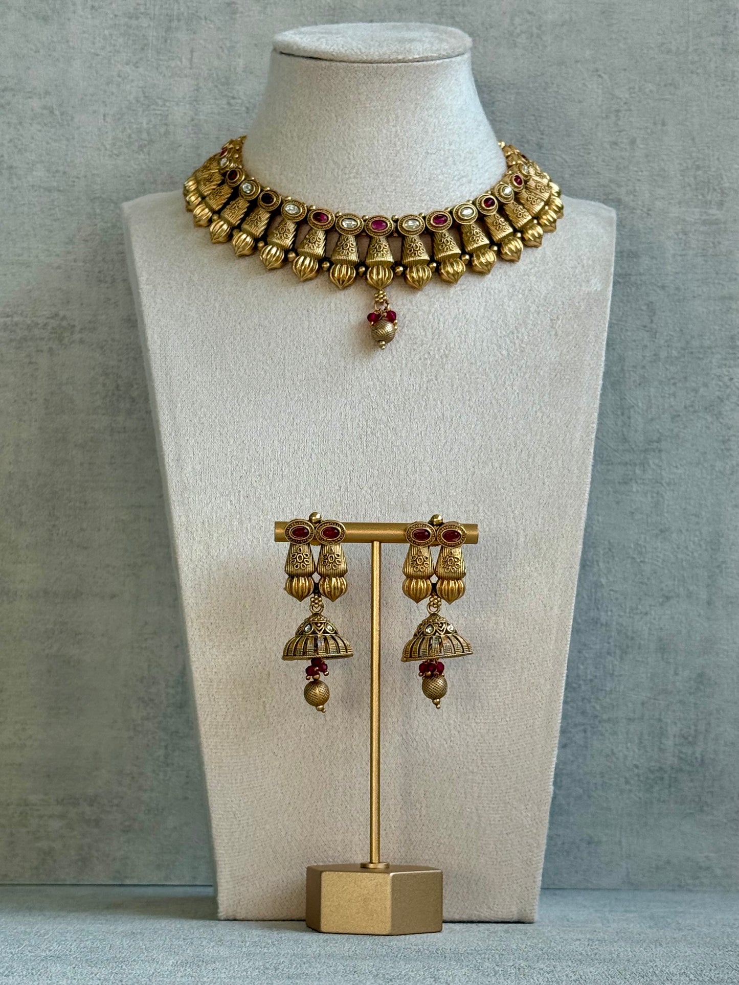 Ayura Designs Aima Necklace Set with Earrings – Antique Gold with Rani Pink Stones