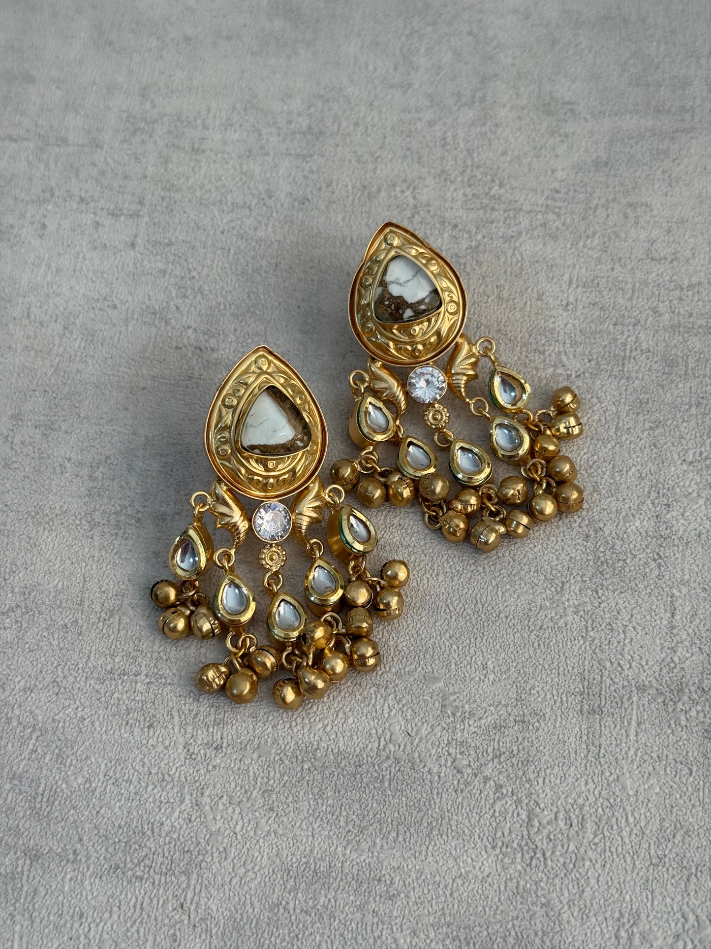 Ayura Designs Arheer Earrings – White & Bronze Marble with Kundan Detailing & Antique Gold Ghungroos