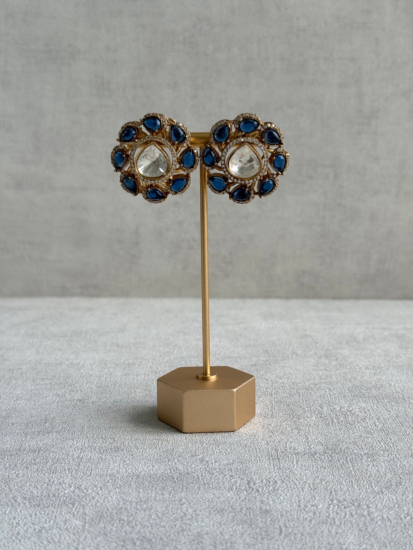 Ayura Designs Giana Stud Earrings – Sapphire Blue & Crystal Kundan with Gold Finish