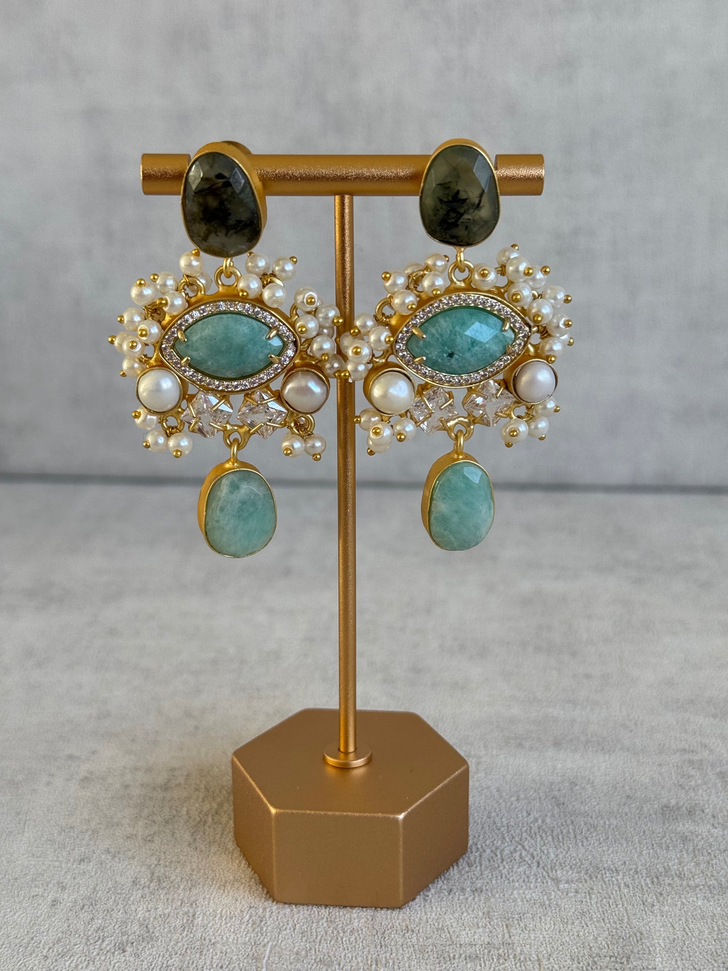 Ayura Designs Aurelia Earrings – Amazonite, Dark Quartz, Pearls & Crystals