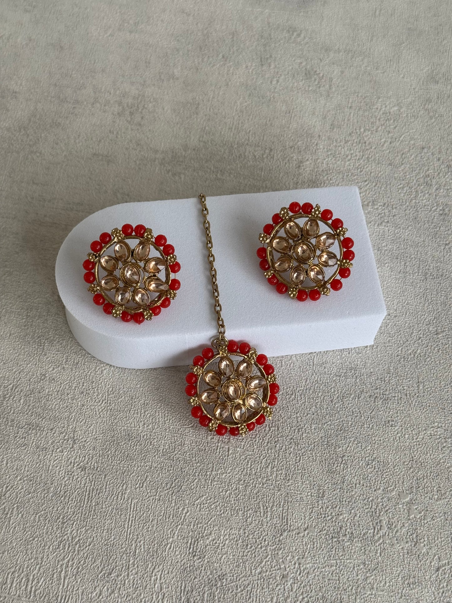 Ayura Designs Hala Set with Tikka & Studs – Orange Beads & Champagne Kundan